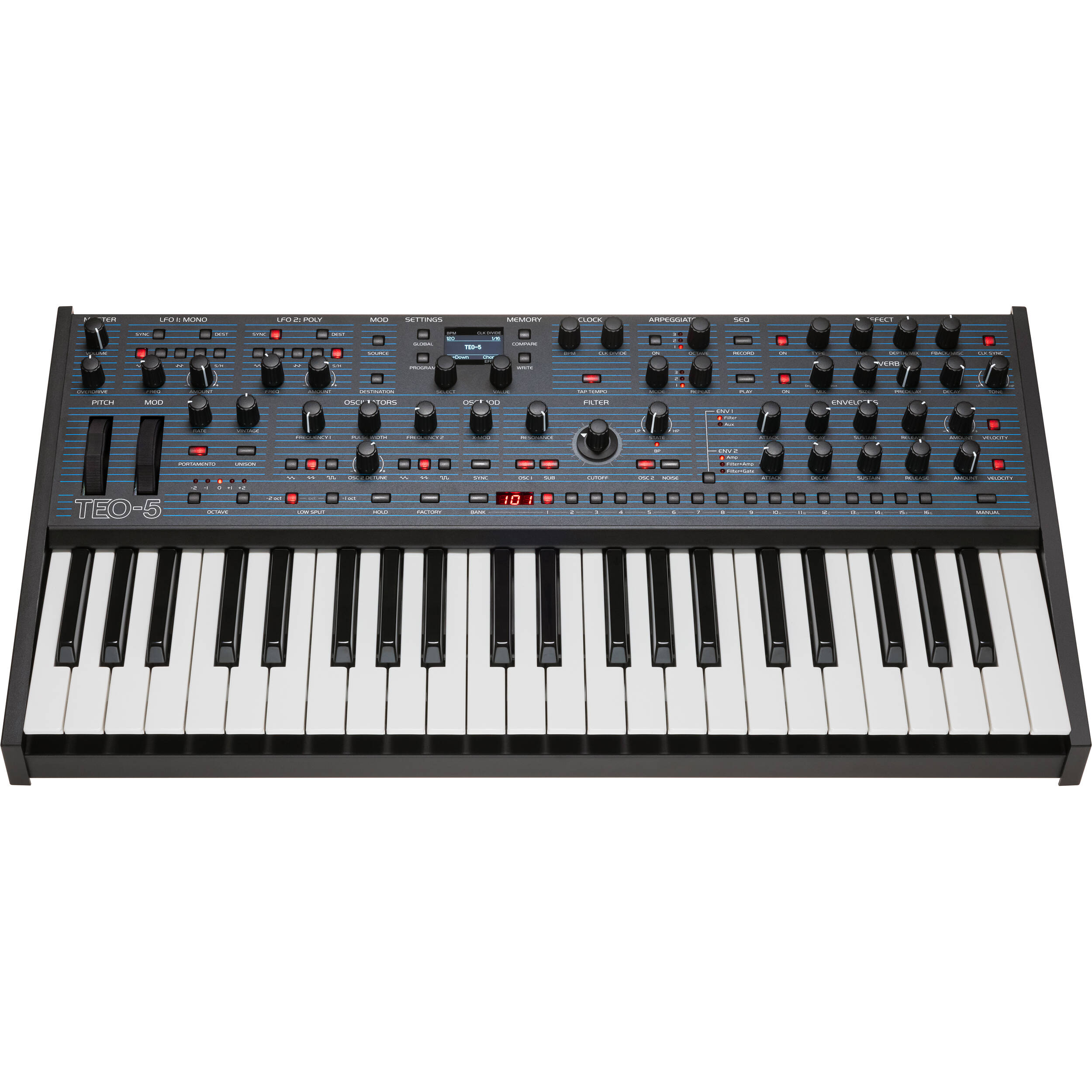Oberheim TEO-5 synthesizer with keyboard, featuring vintage-style knobs and controls for classic Oberheim sound.