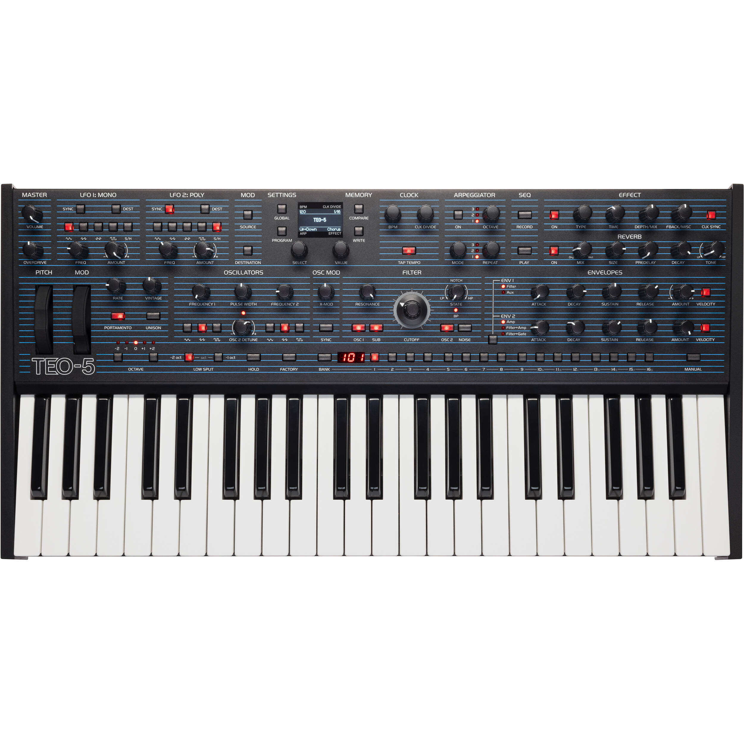 Oberheim TEO-5 synthesizer with vintage design and multiple control knobs, showcasing its front panel and keys.