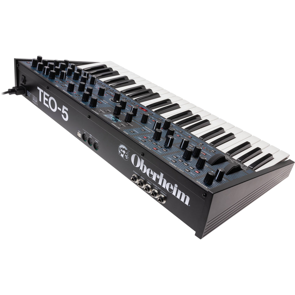 Oberheim TEO-5 synthesizer with multiple knobs and buttons, black control panel, and vintage electronic gear design.