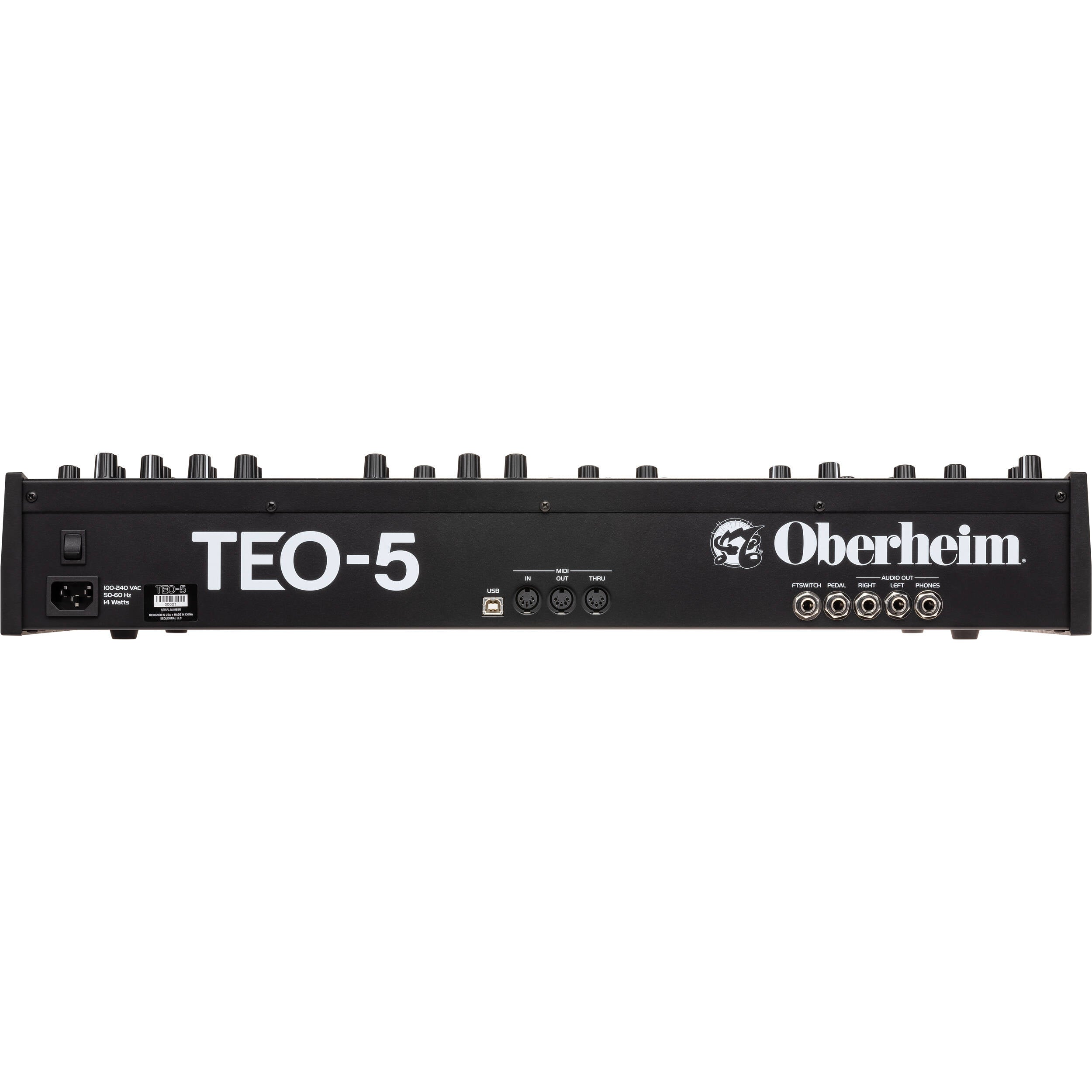 Oberheim TEO-5 synthesizer with multiple control knobs and vintage design, showcasing its keyboard and interface.