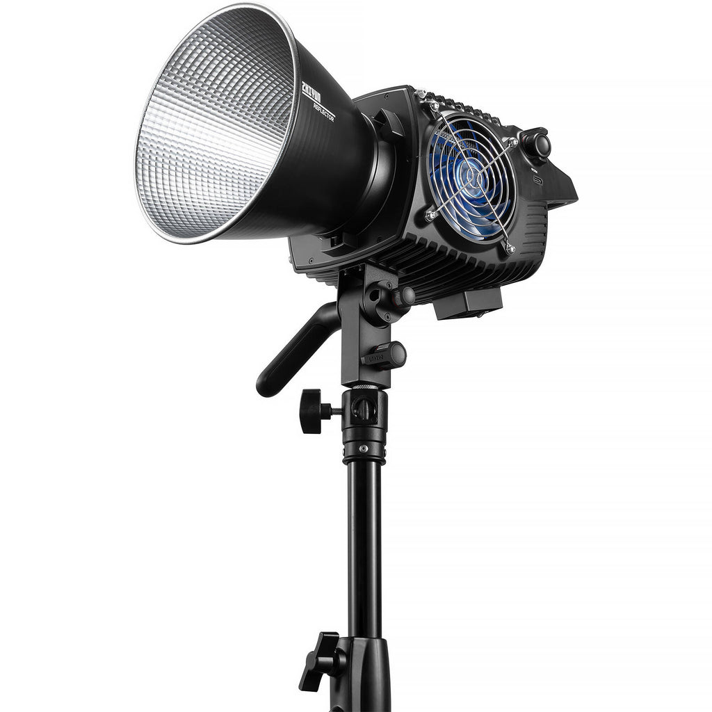 Zhiyun Molus B500 bi-color LED light with adjustable brightness and color temperature, mounted on a stand.