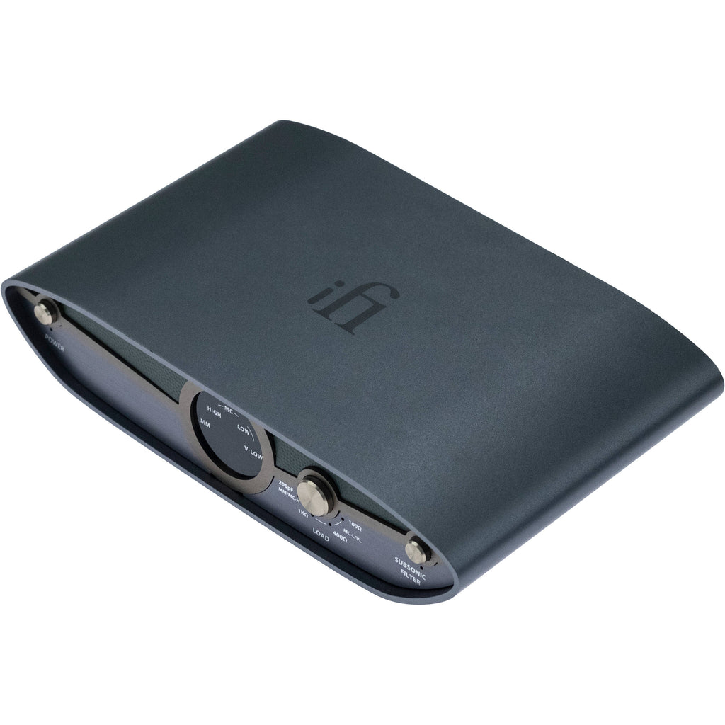 iFi Audio Zen Phono 3 phono preamp connected to turntable with cables, compact black device for high-quality vinyl playback.
