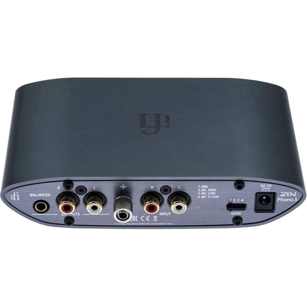 iFi Audio Zen Phono 3 phono preamp with compact design and input/output ports for vinyl record turntables.