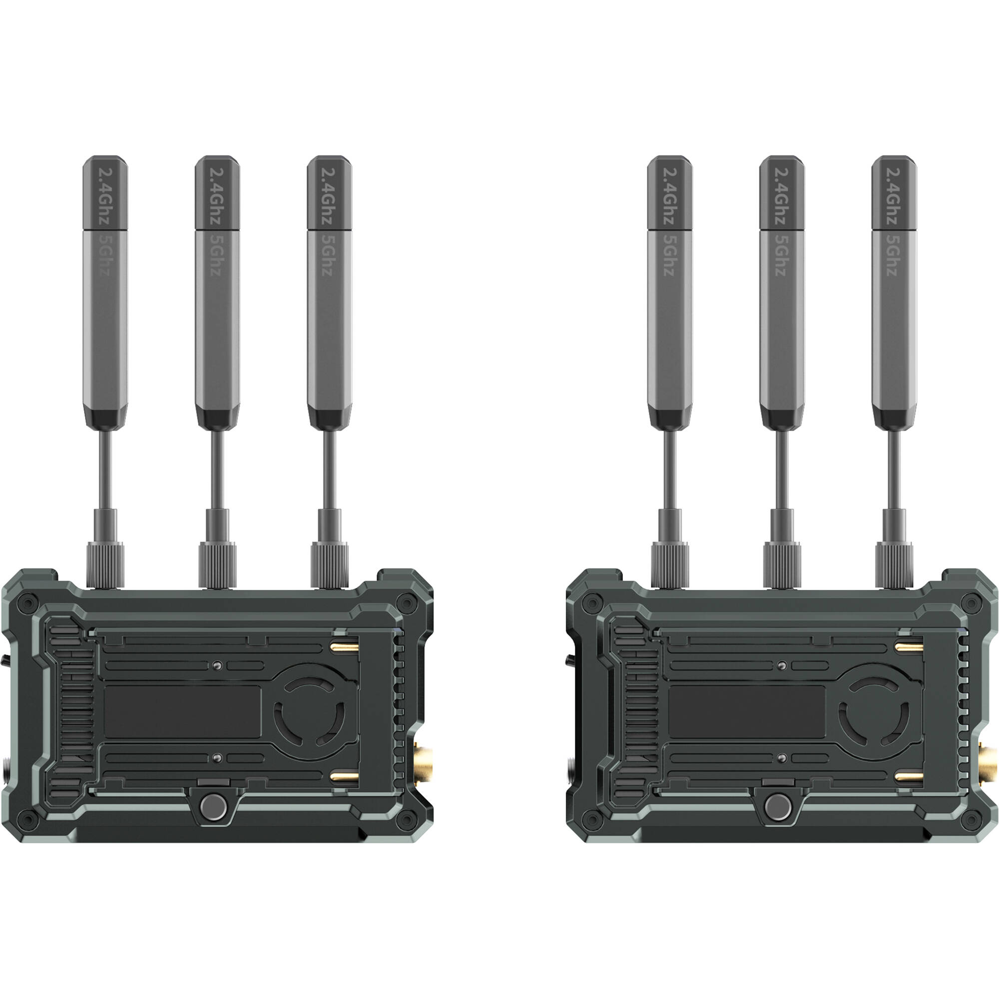 Hollyland Pyro S wireless video transmission system with compact design and multiple connection ports for professional video filming.