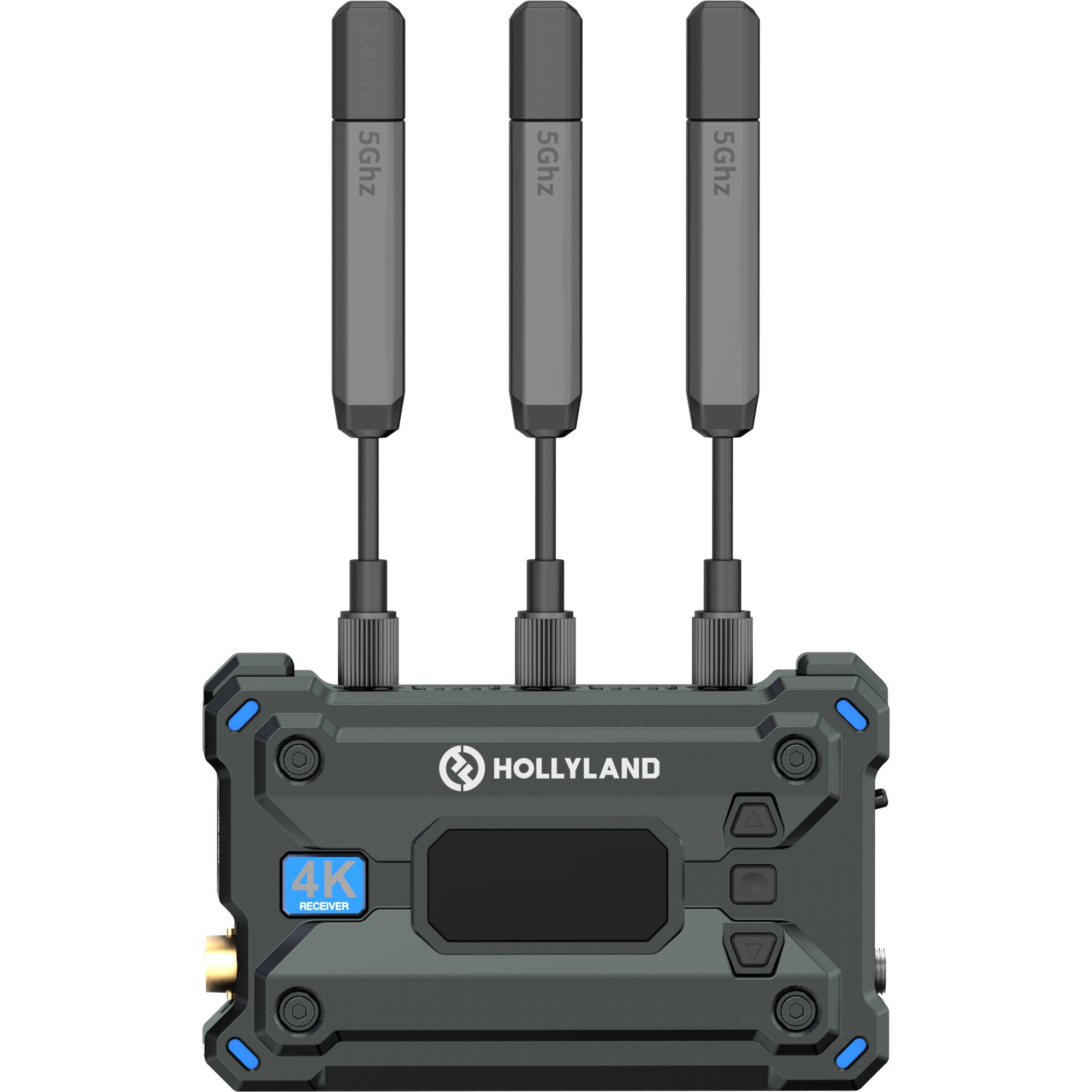 Hollyland Pyro S wireless video receiver showing LED display and connection ports on a sleek black device.