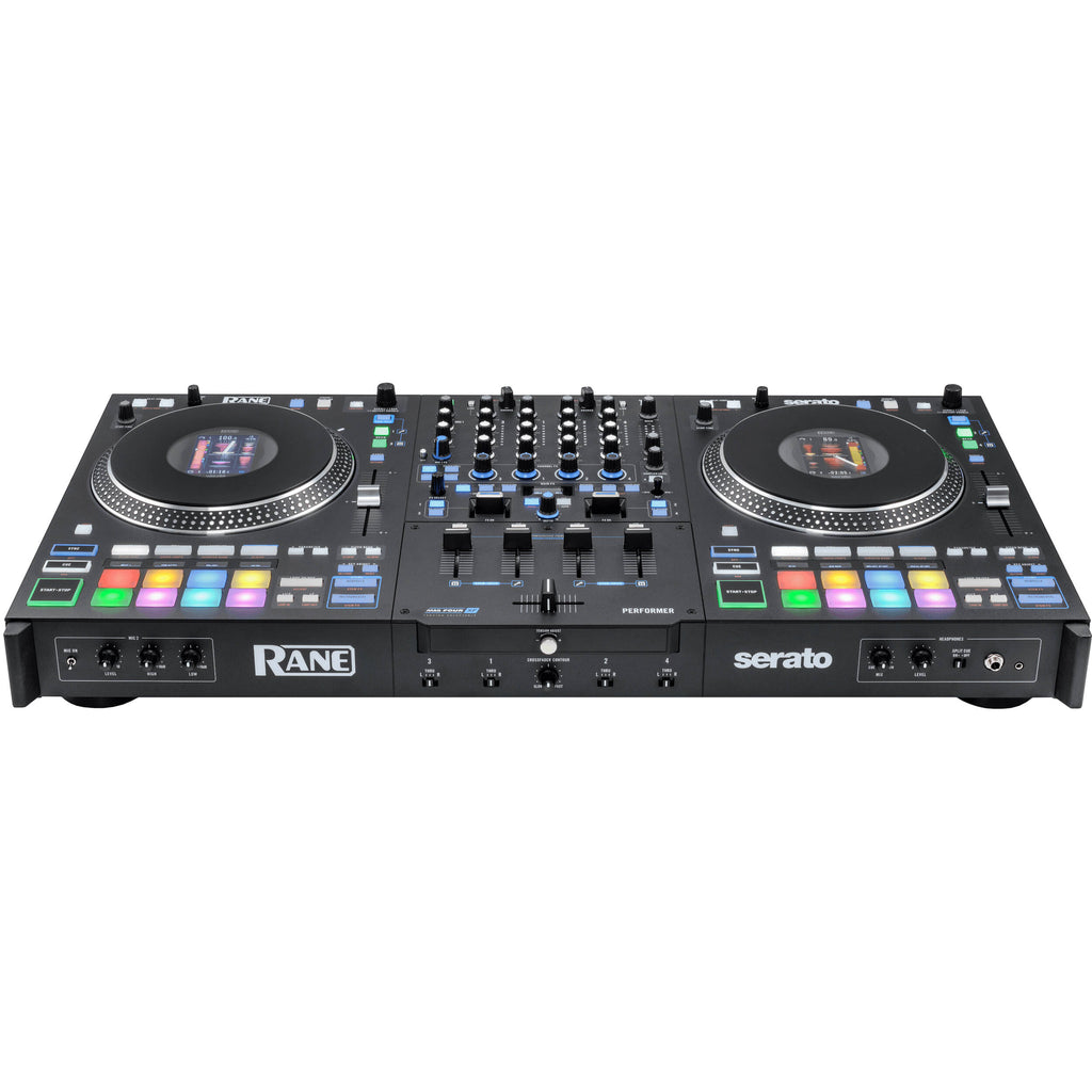 Rane Performer DJ controller with jog wheels, sliders, and buttons for professional DJ mixing and performance.