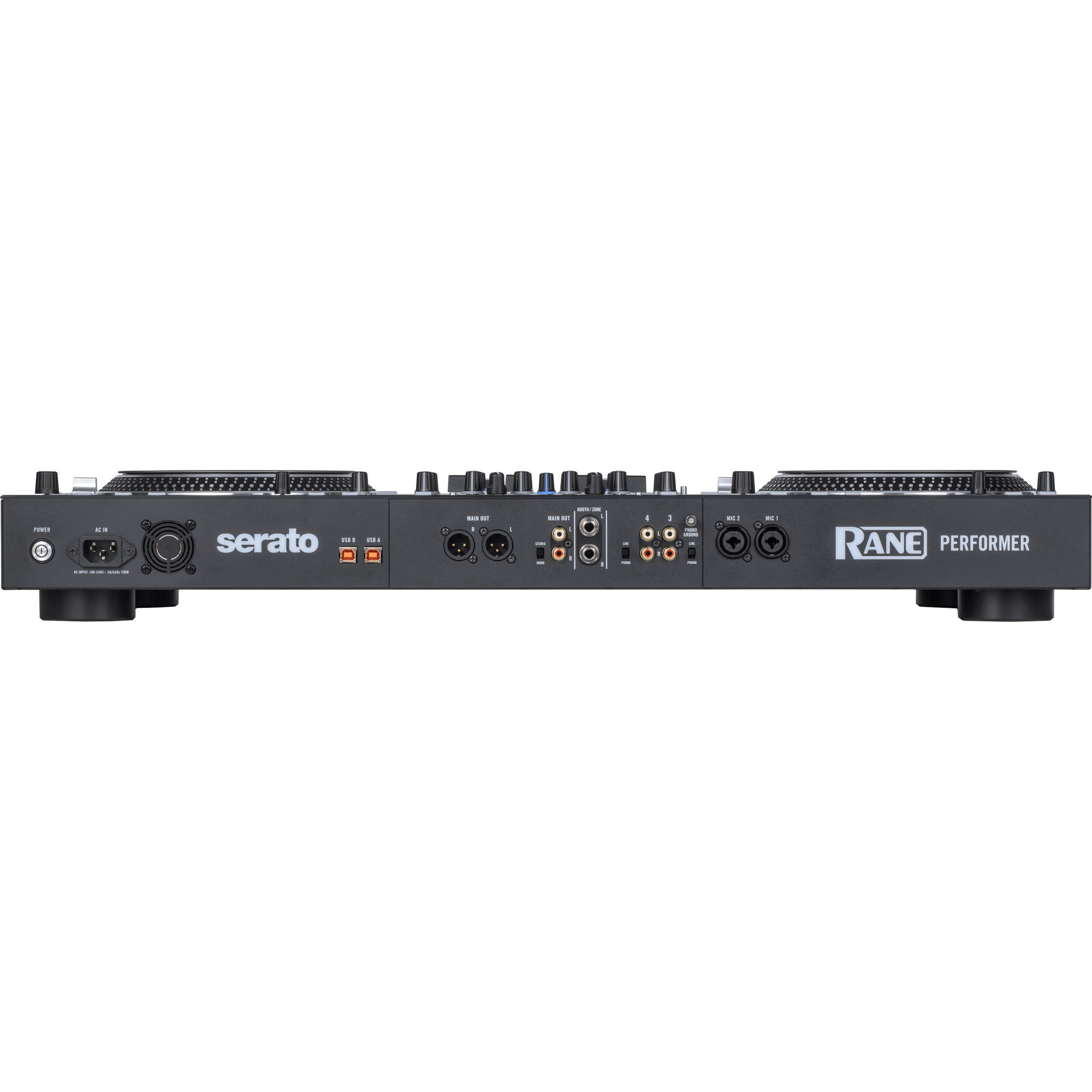 Rane Performer DJ controller with jog wheels, mixer knobs, and control buttons for professional music mixing and mixing.