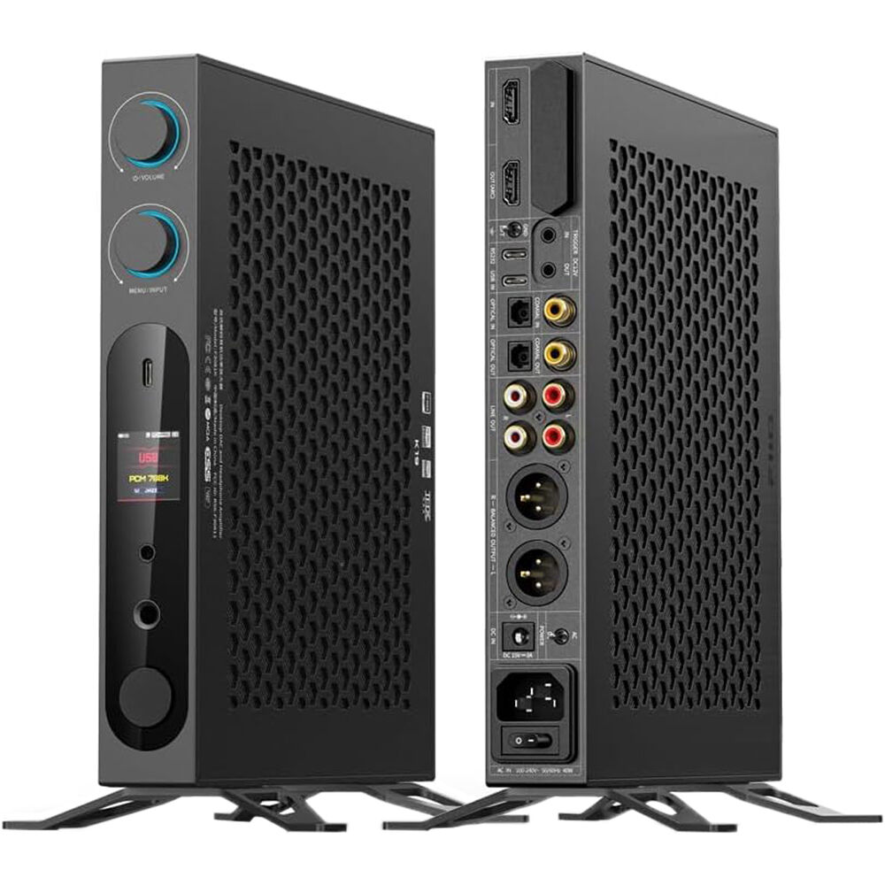 FiiO K19 headphone amplifier and DAC with sleek black design, multiple connection ports, and control knobs on the front panel.