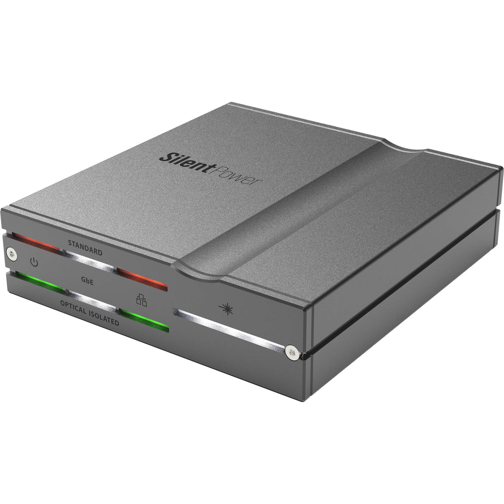 SilentPower LAN iPurifier Pro noise filter and conditioner with sleek design and connectivity ports visible in the image.