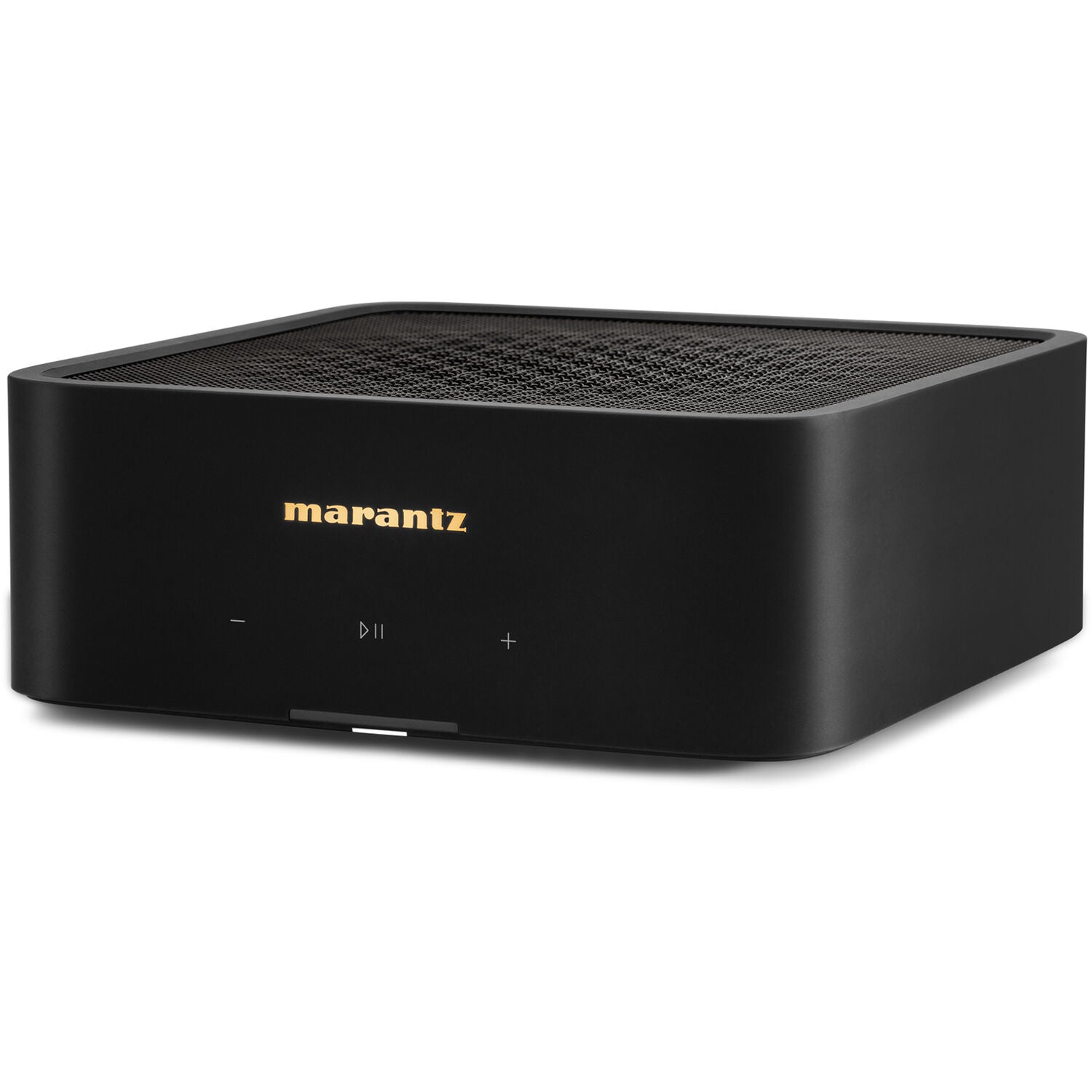 Marantz MODEL M1 music streamer with sleek black design and front display, showcasing modern audio streaming technology.