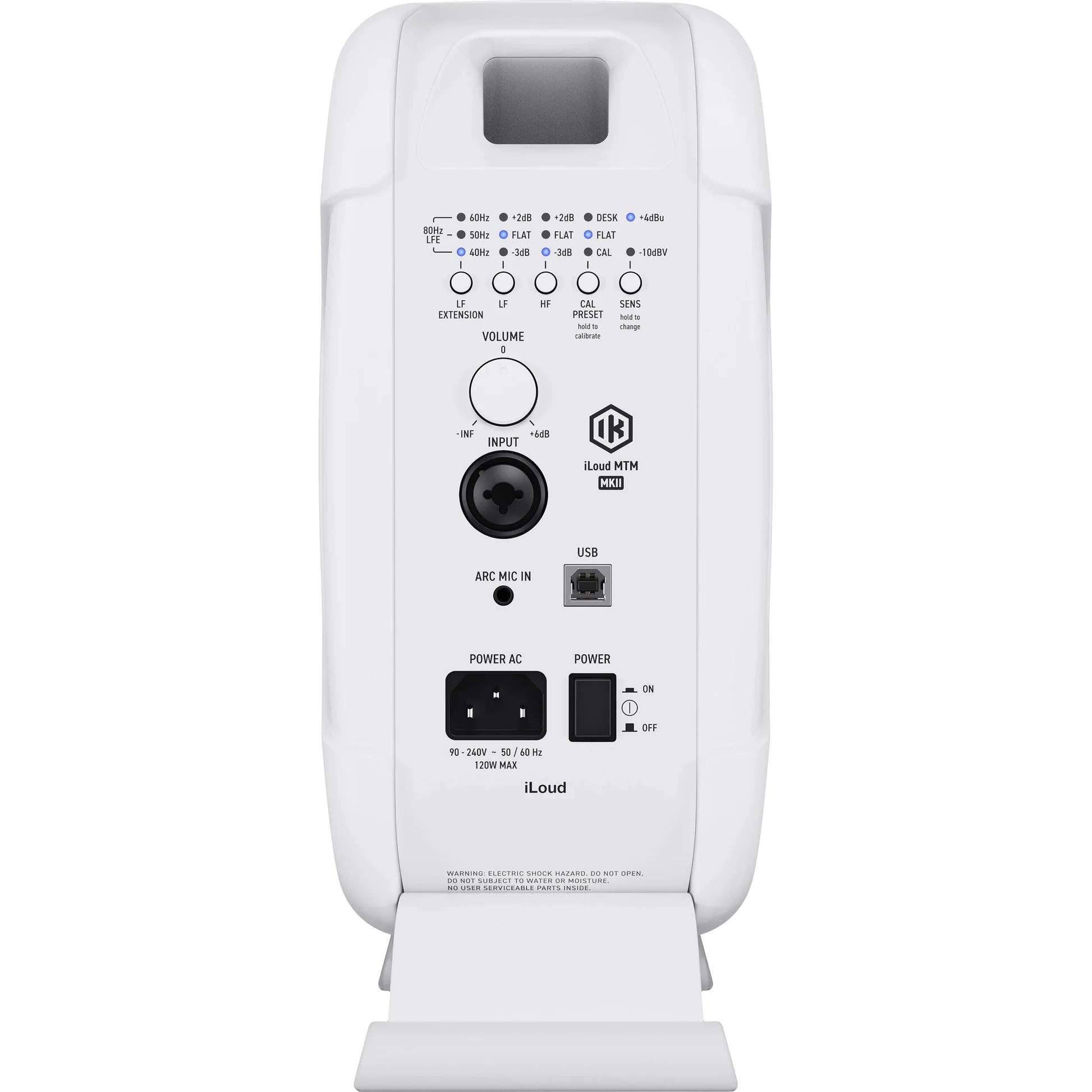 IK Multimedia iLoud MTM MK2 active nearfield monitors with dual speakers and control knobs for accurate audio monitoring.