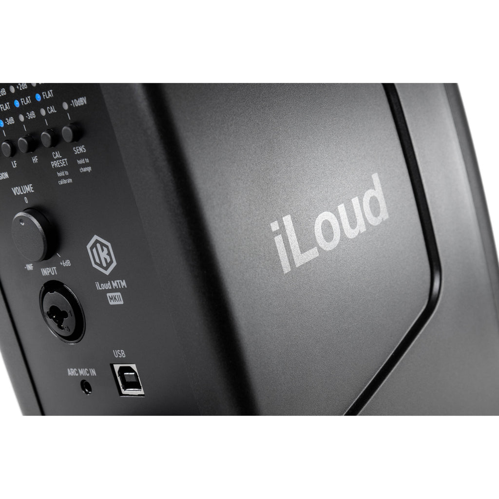 IK Multimedia iLoud MTM MK2 active nearfield monitors with sleek black finish and front port design.