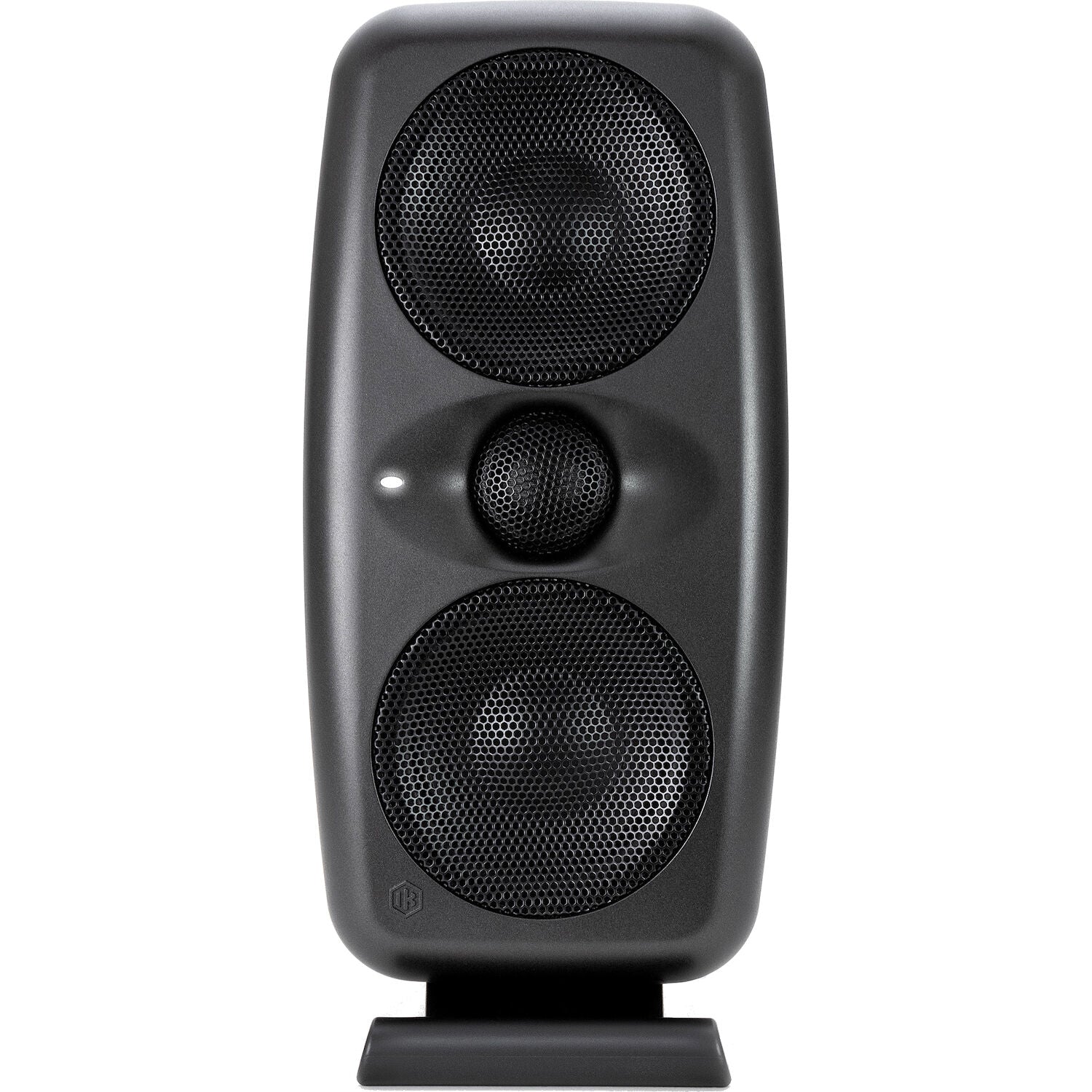 IK Multimedia iLoud MTM MK2 active nearfield monitors shown in a studio setting with sleek black finish and control knobs.