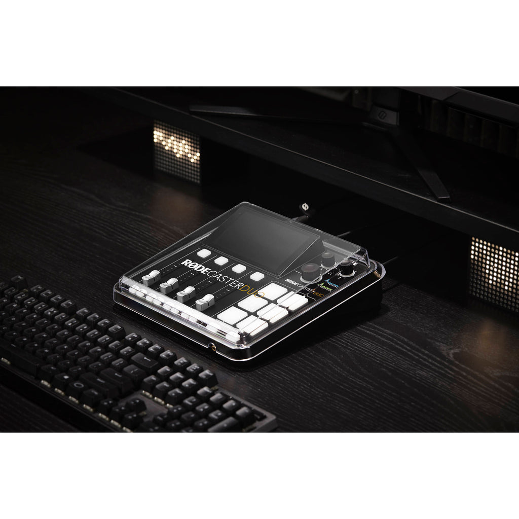 Rode Rodecaster Duo Cover, protective accessory for Rode audio mixer, shown on device with black material and logo.