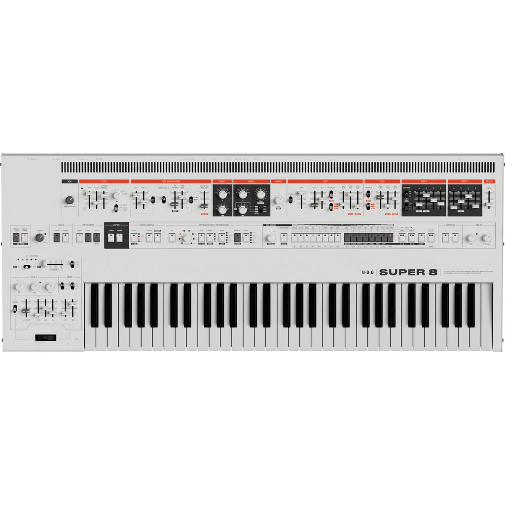 UDO Audio Super 8 synthesizer with control knobs and display, showing front panel in a close-up shot.