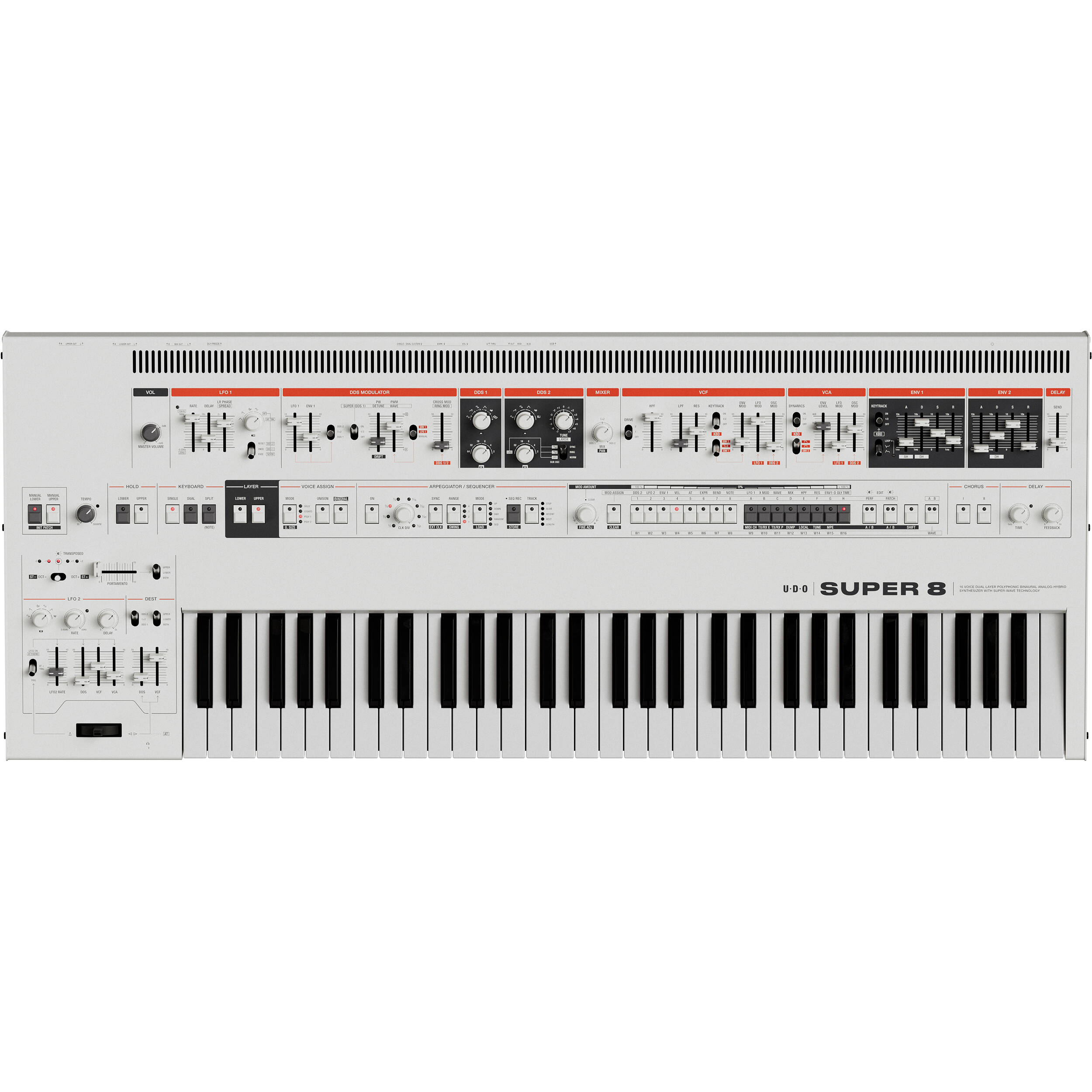UDO Audio Super 8 synthesizer with control knobs and display, showing front panel in a close-up shot.