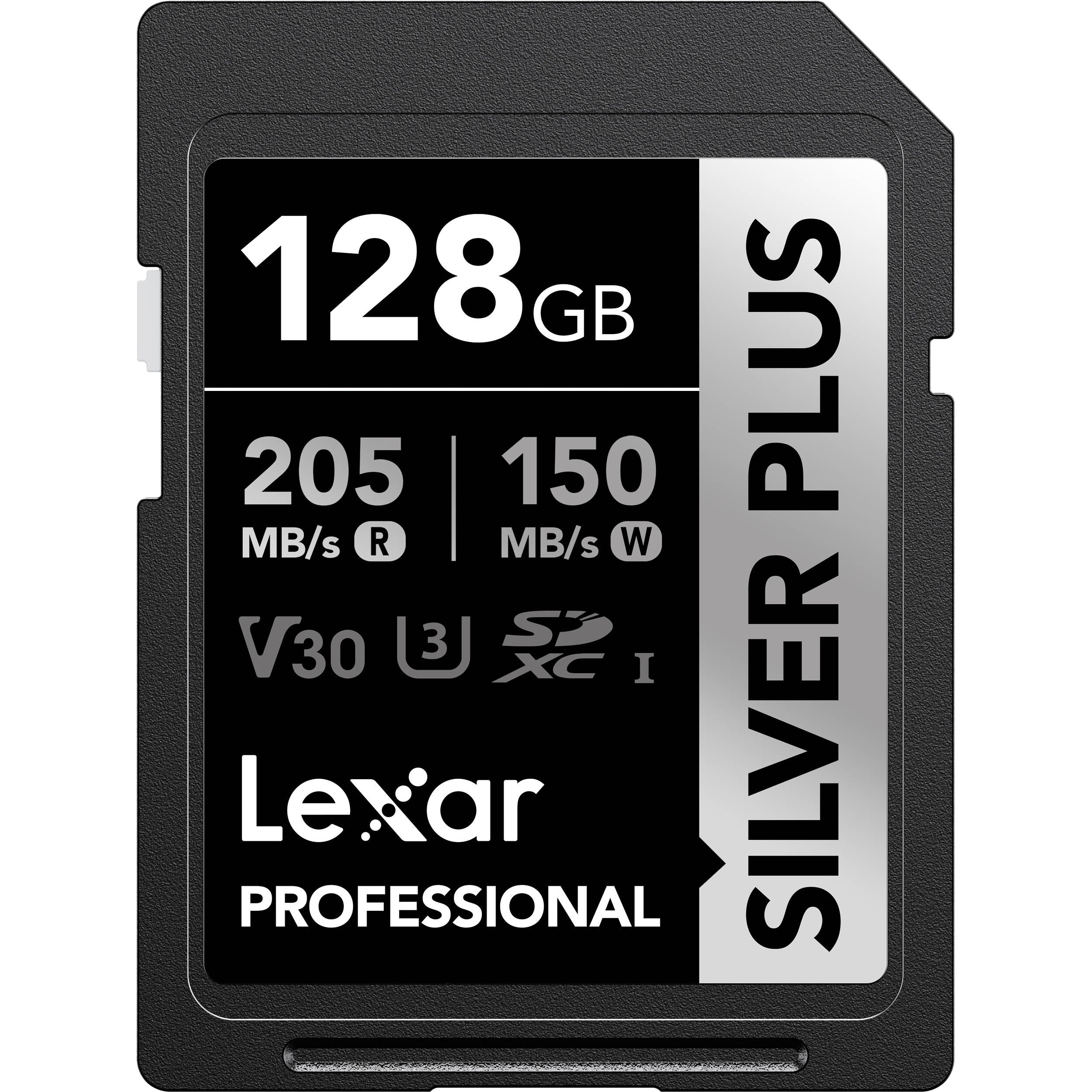 Lexar SDXC Silver Plus 1066X UHS-I U3 memory card with V30 speed class, silver design, and capacity details visible.
