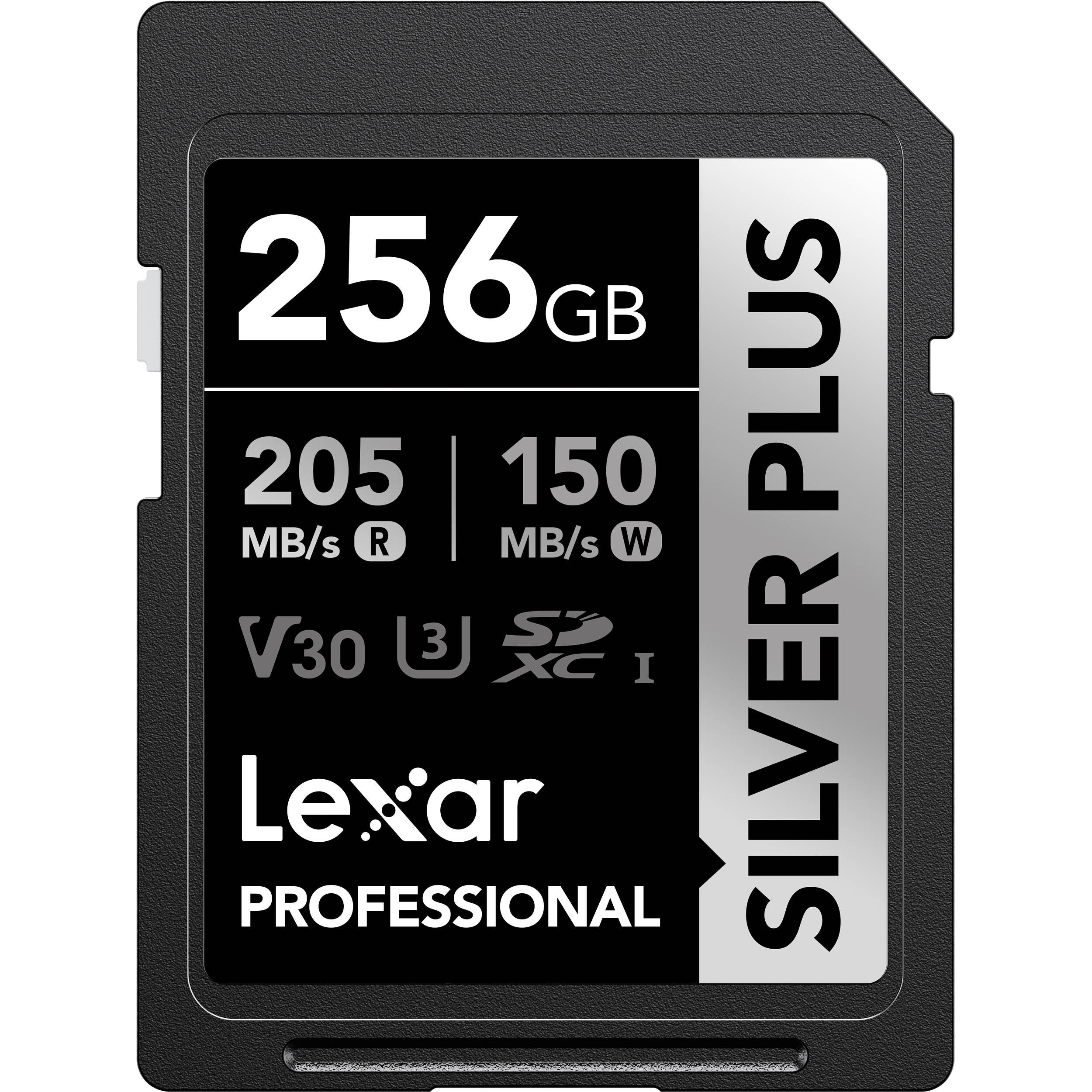 Lexar SDXC Silver Plus 1066X UHS-I U3 memory card with V30 rating, featuring silver design and high-speed storage for cameras and devices.