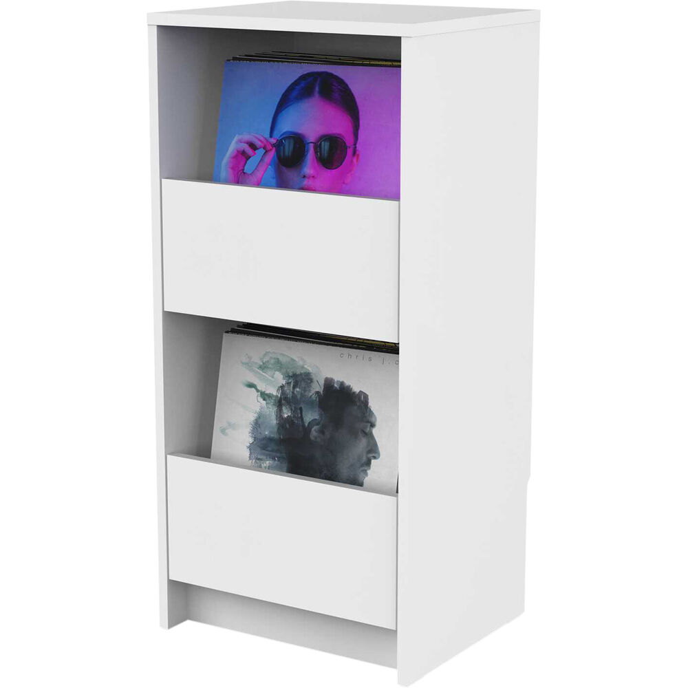 Glorious Vinyl Vault DJ table with wooden top and metal frame for vinyl records and DJ equipment, sleek and modern design