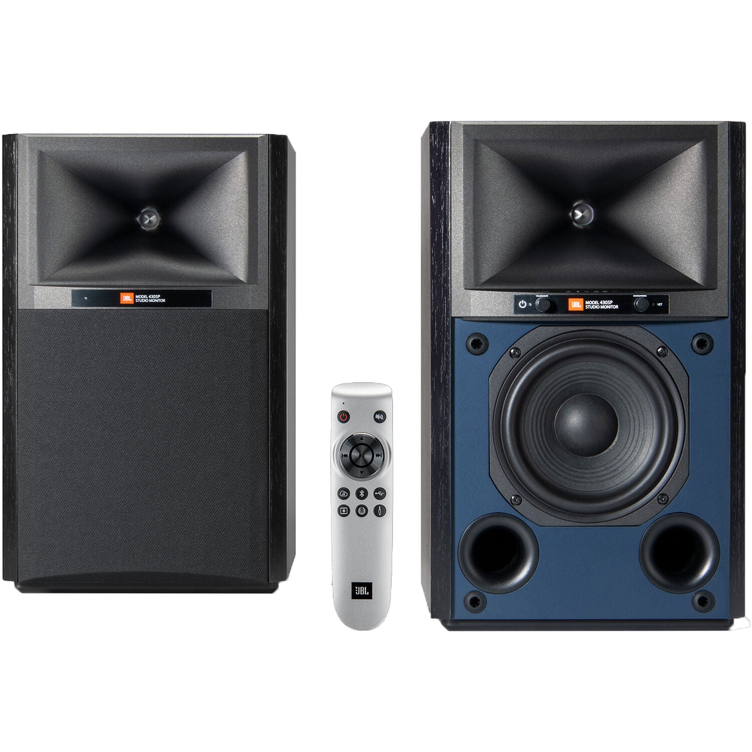 JBL 4305P active bookshelf speakers with sleek black cabinets and driver units, designed for high-quality audio listening.