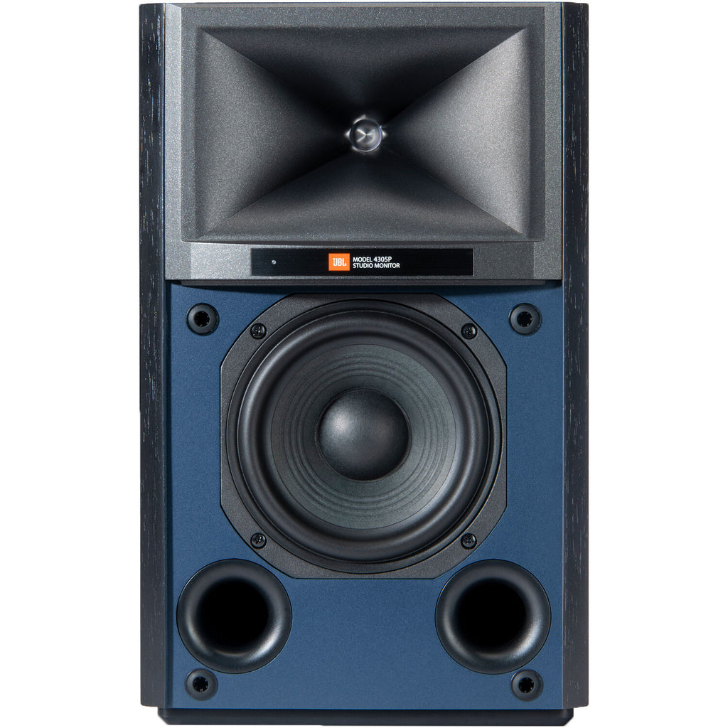 JBL 4305P active bookshelf speakers with sleek black finish and front-facing drivers for high-quality audio.