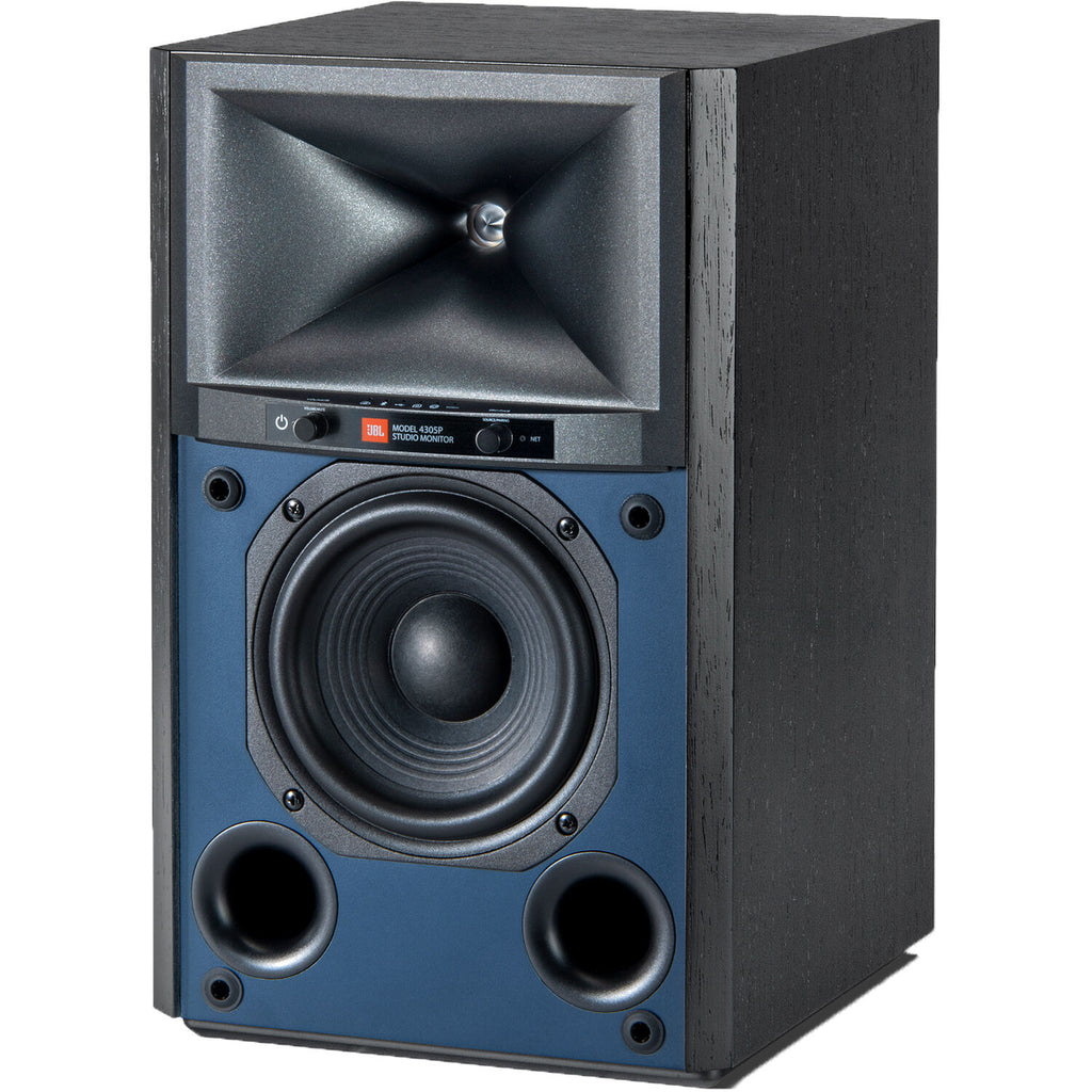 JBL 4305P active bookshelf speakers showing black enclosure, speaker cones, and control knobs on the front panel.