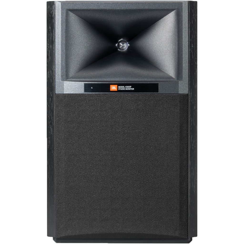 JBL 4305P active bookshelf speakers with sleek black cabinets and front-facing drivers for high-quality audio.