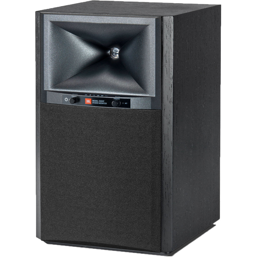 JBL 4305P active bookshelf speakers with sleek black cabinets and detailed speaker drivers for high-quality audio.