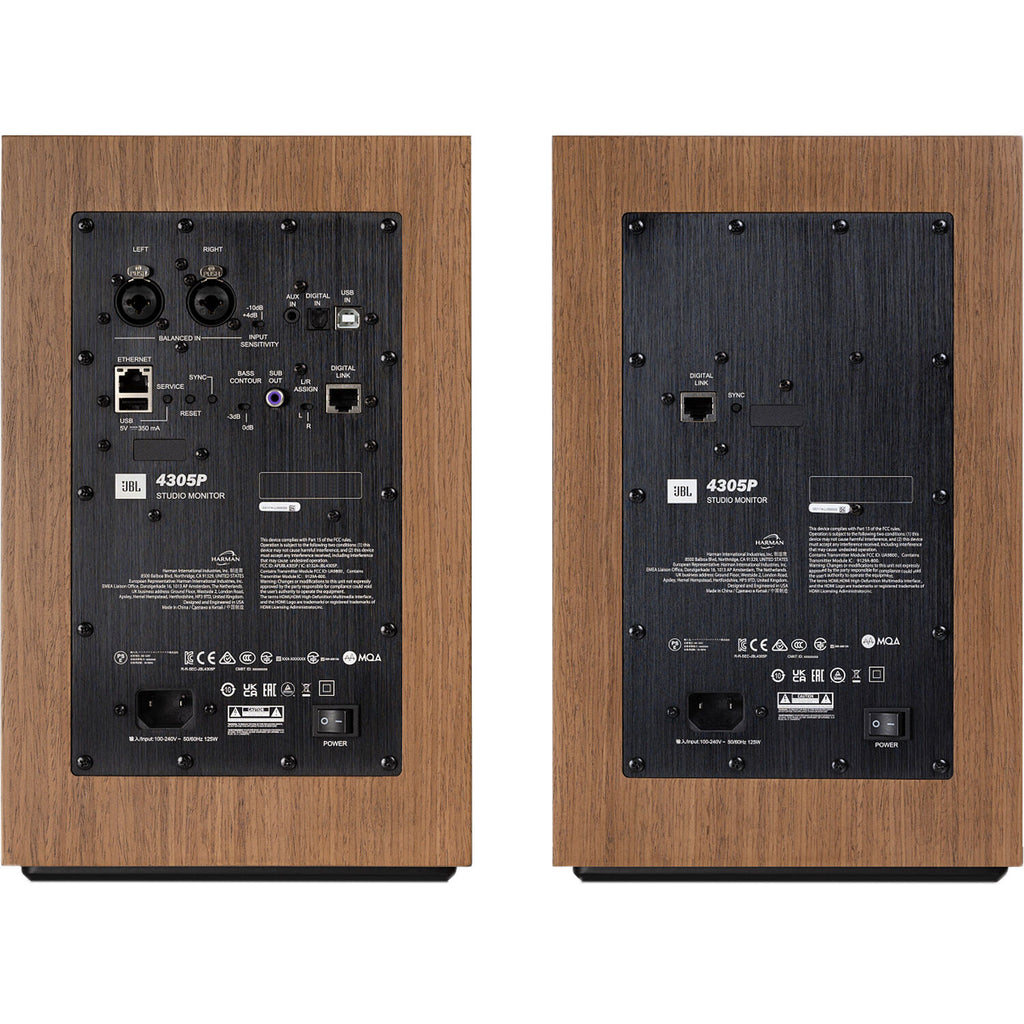 JBL 4305P active bookshelf speakers shown with front view, featuring sleek black cabinets and modern design for high-quality audio.