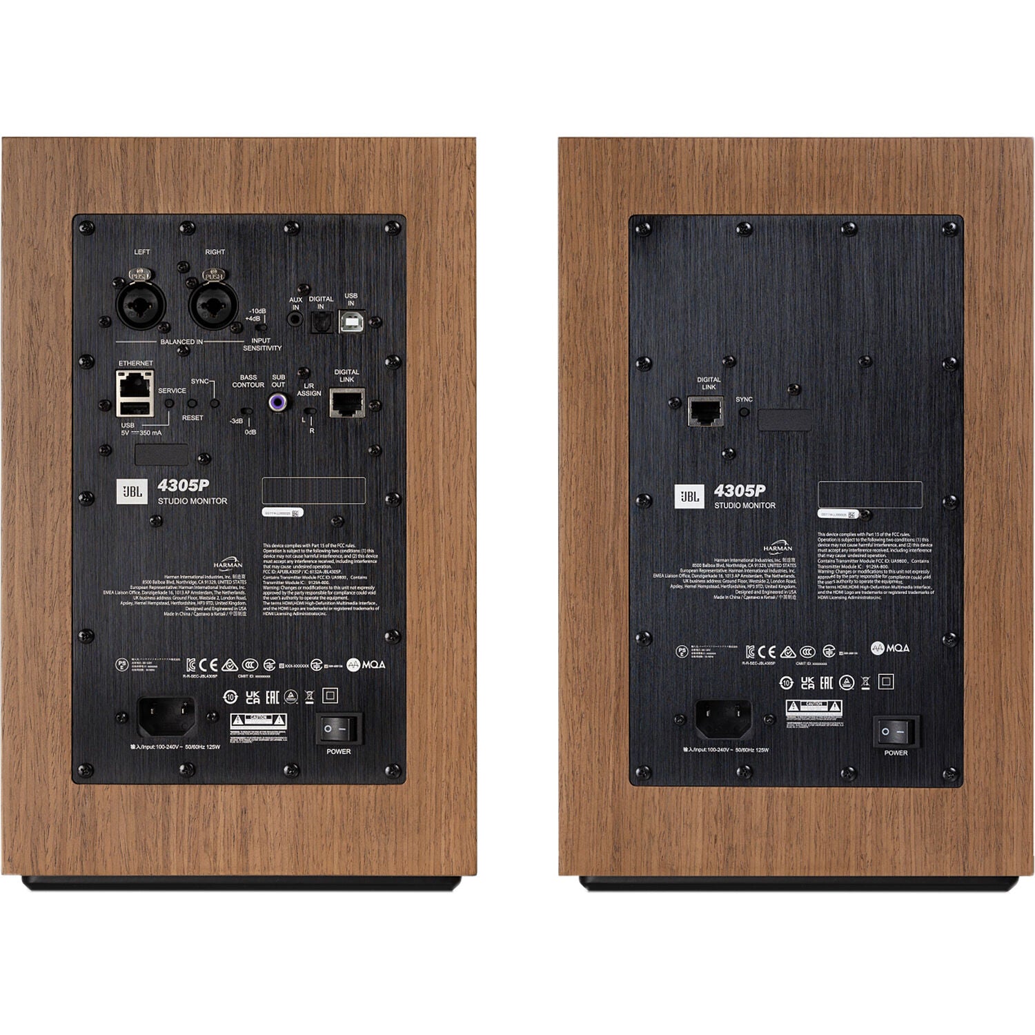 JBL 4305P active bookshelf speakers shown with front view, featuring sleek black cabinets and modern design for high-quality audio.