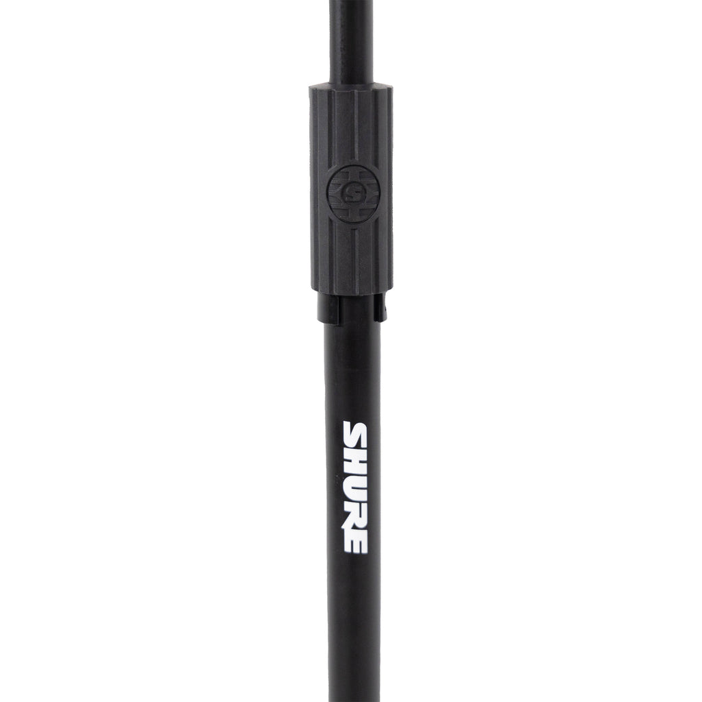 Shure floor microphone stand with adjustable height and sturdy base, designed for professional audio and stage use.