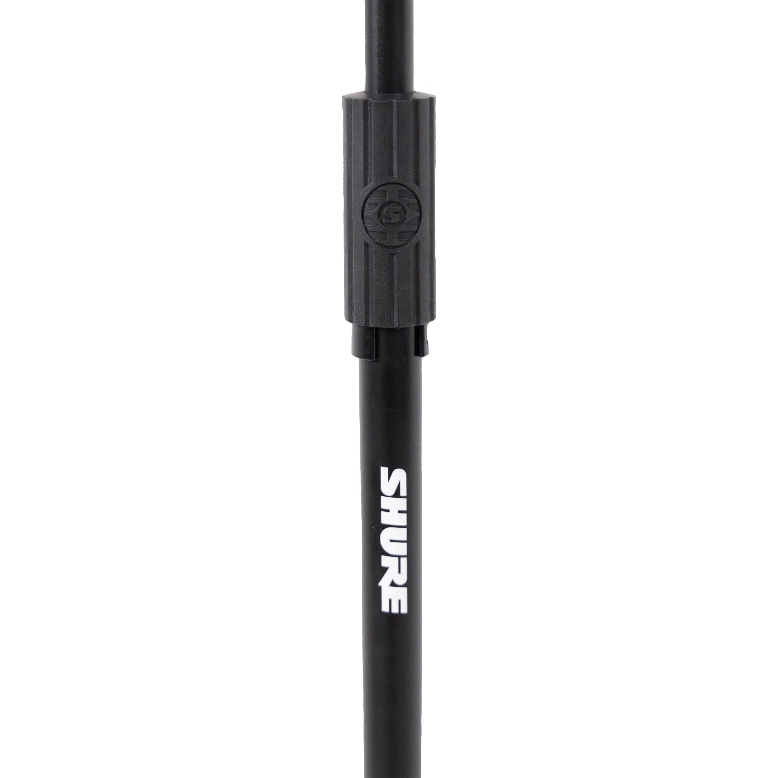 Shure floor microphone stand with adjustable height and sturdy base, designed for professional audio and stage use.