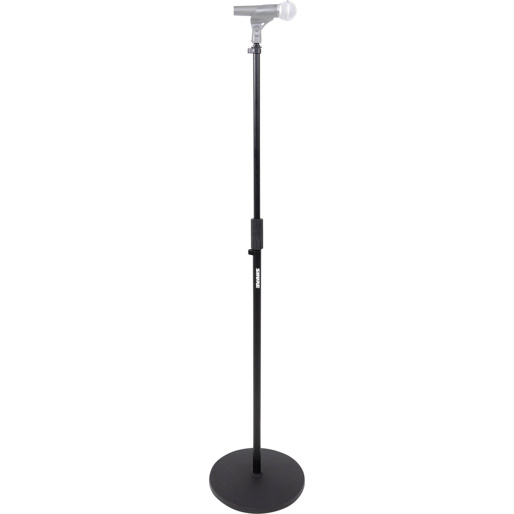Shure floor microphone stand with adjustable height and sturdy base, designed for professional audio setups.