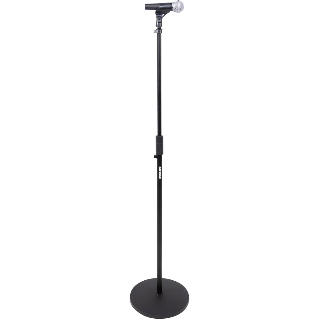 Shure floor microphone stand with adjustable height and sturdy base, designed for professional audio setups.