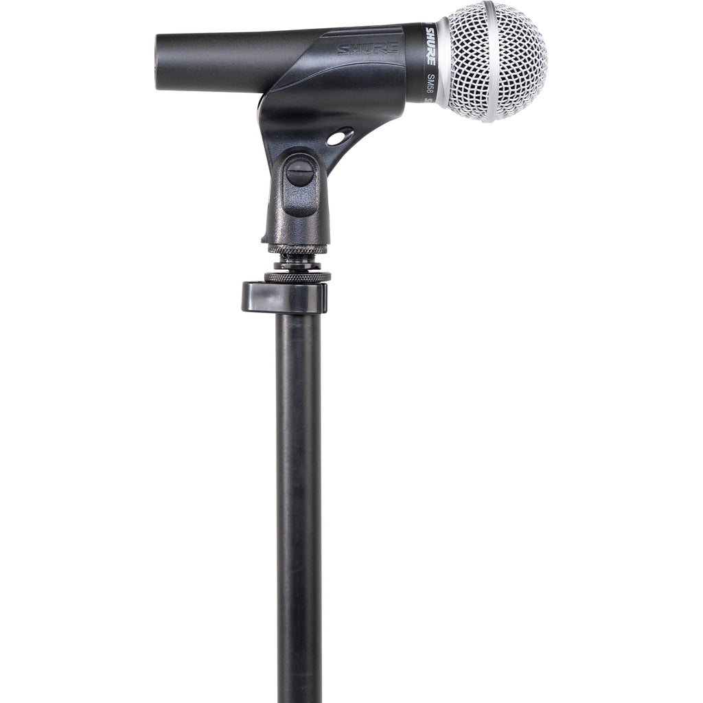 Shure floor microphone stand with adjustable height and stable base, designed for professional audio and stage performances.