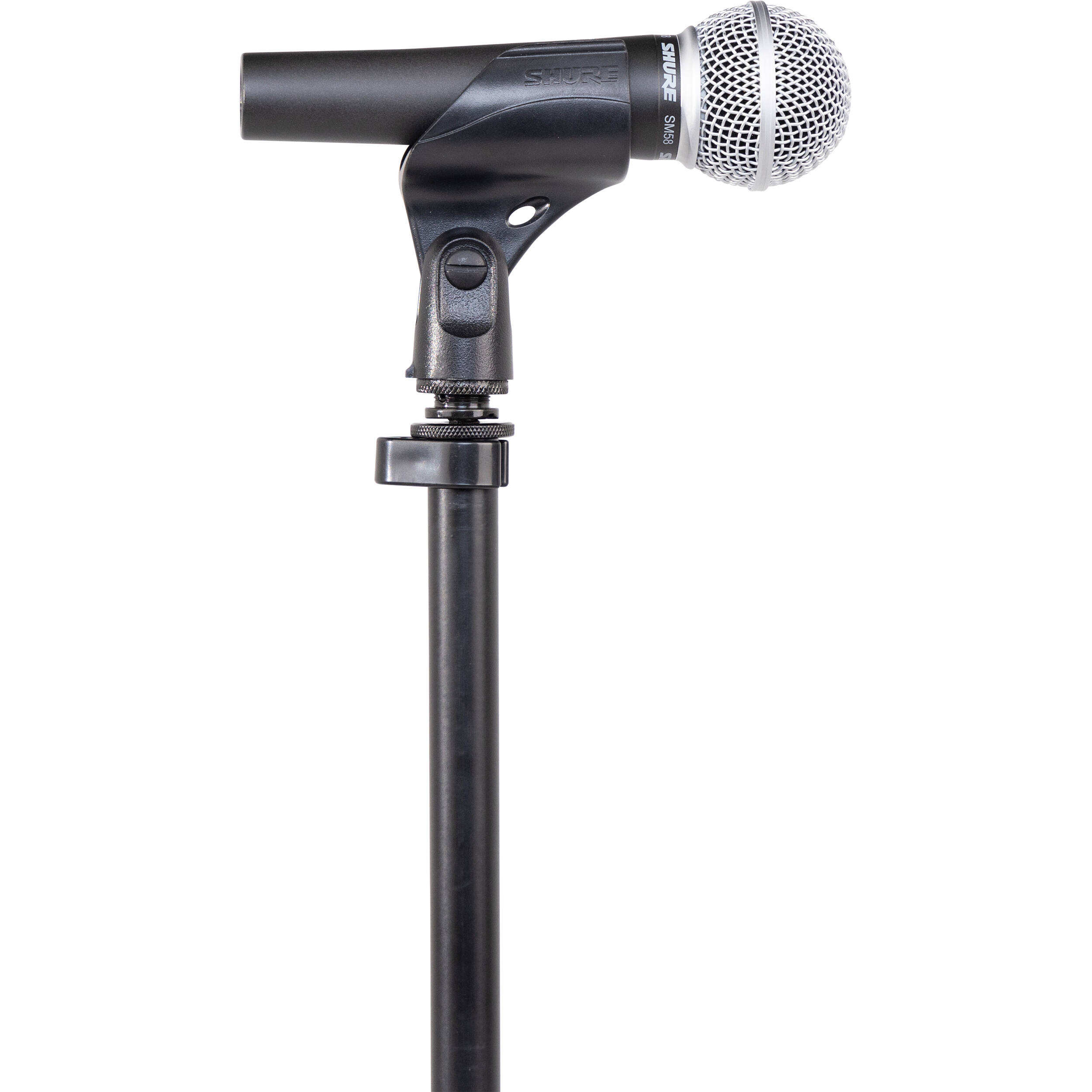 Shure floor microphone stand with adjustable height and stable base, designed for professional audio and stage performances.