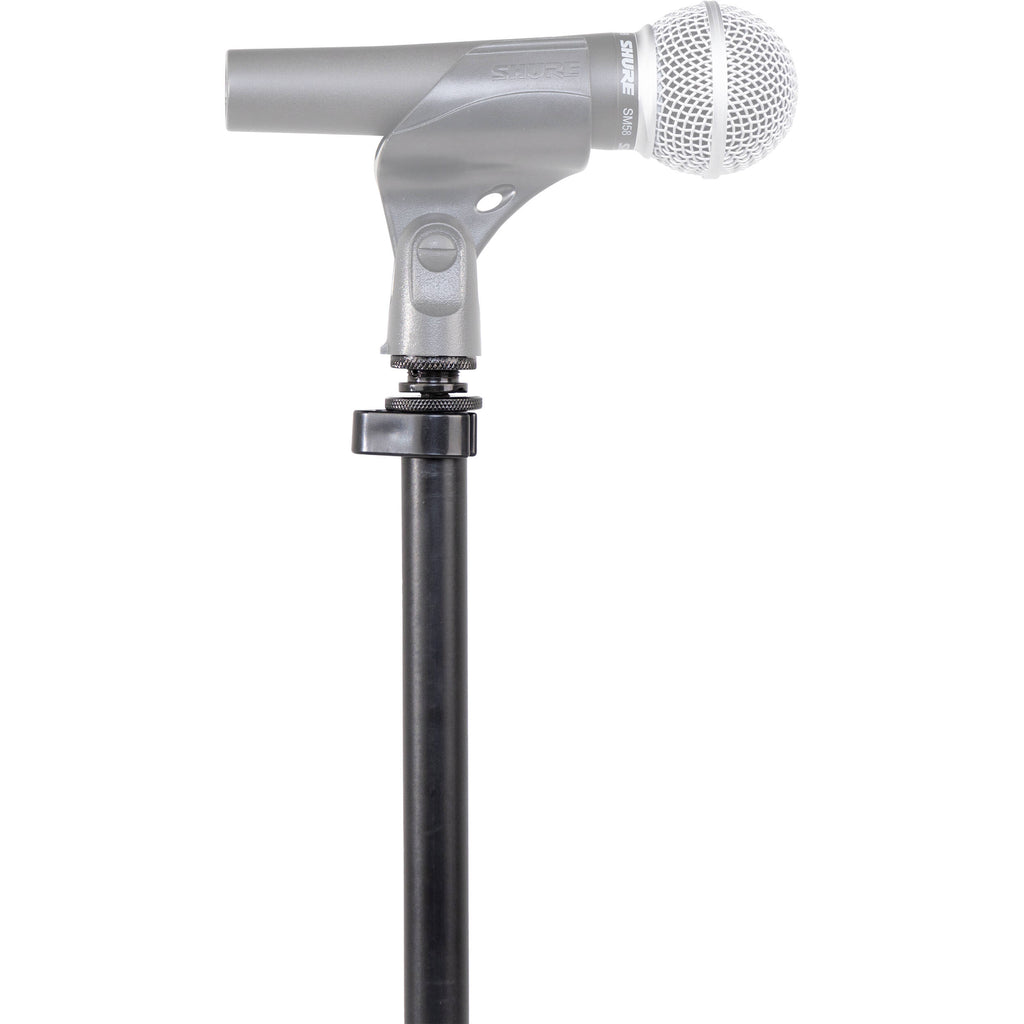 Shure floor microphone stand with adjustable height and sturdy base, designed for professional audio and stage performances.