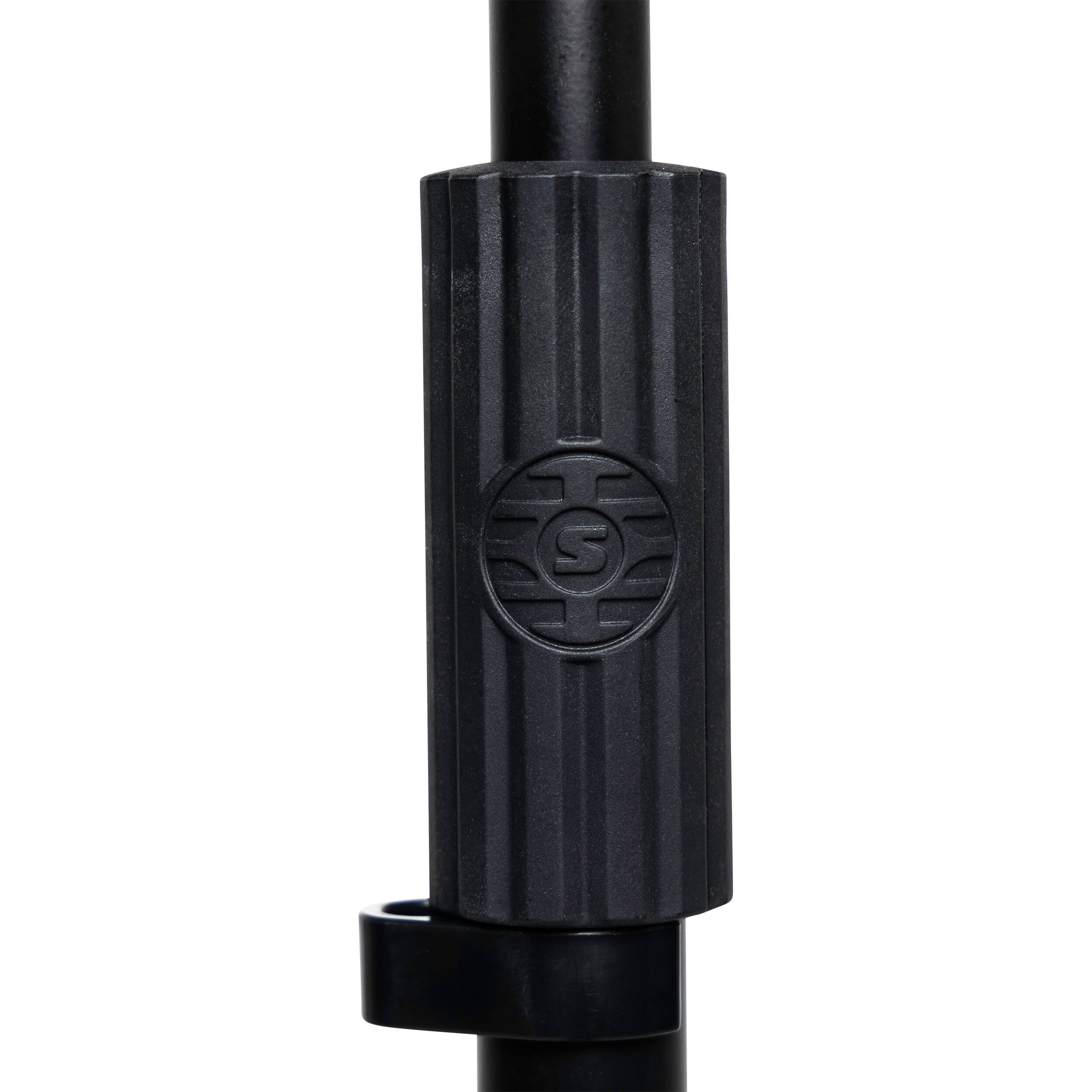 Shure floor microphone stand with adjustable height and sturdy base, designed for professional audio recording and live performances.