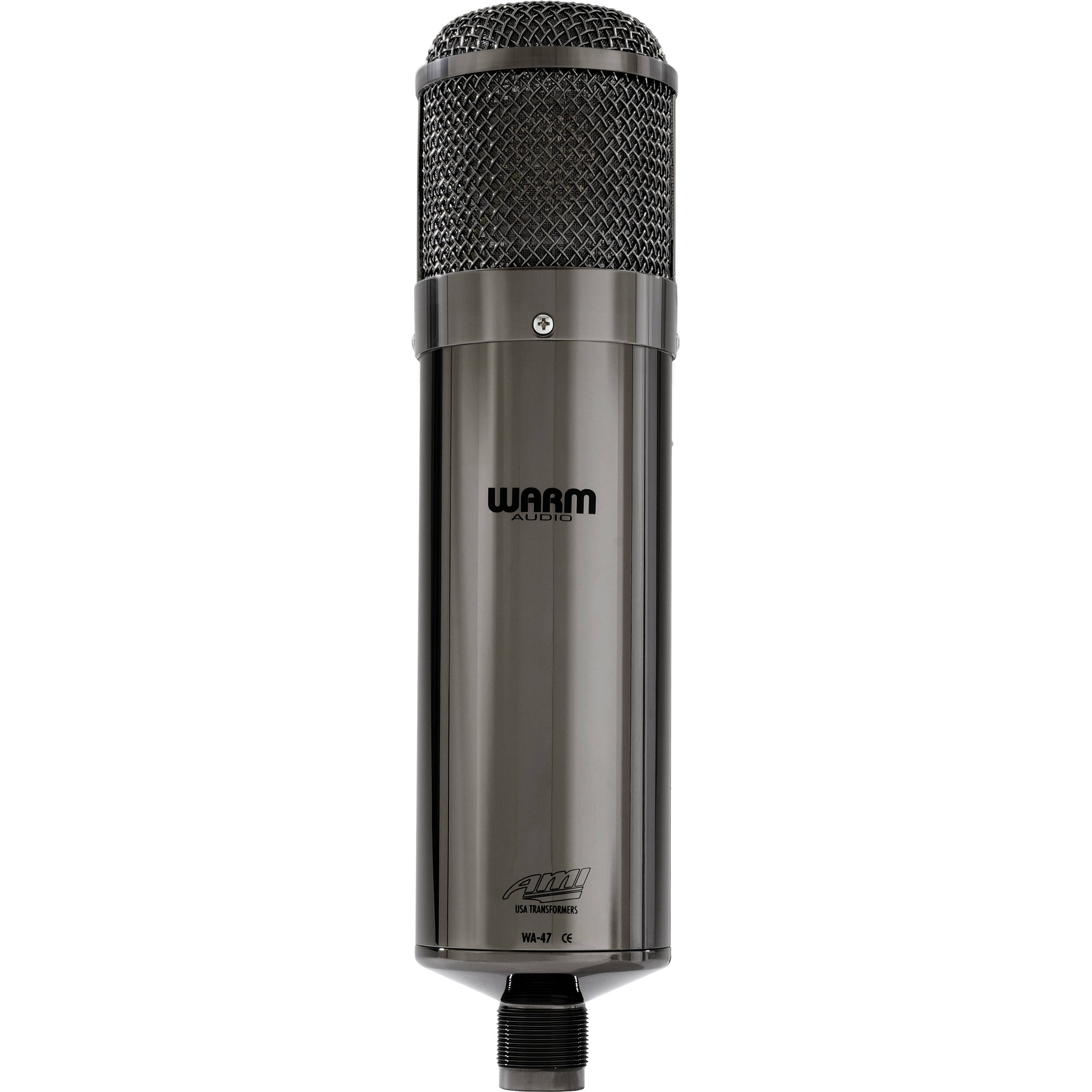 Warm Audio WA-47T condenser microphone shown from the front with silver grille and black body, ideal for studio recording.