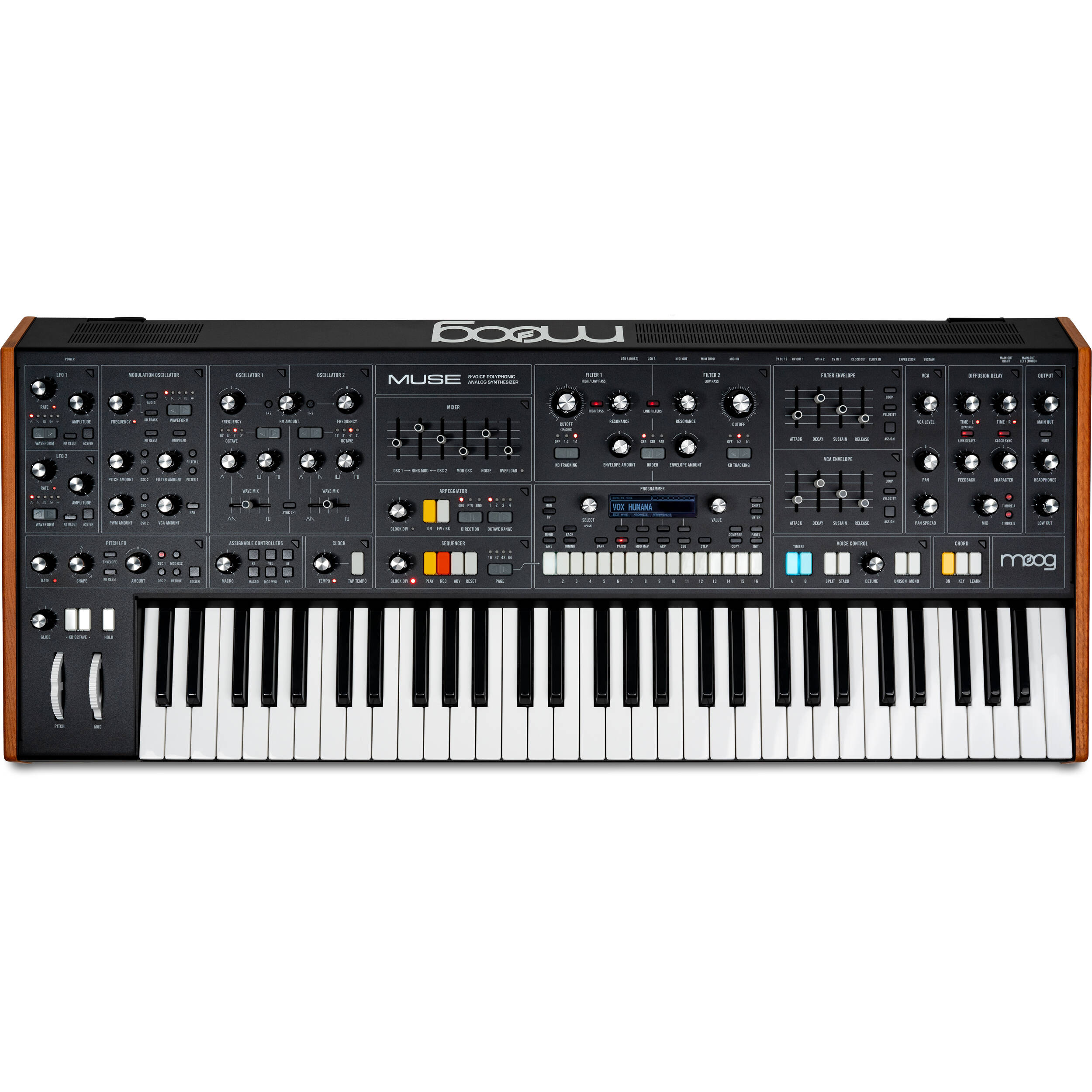 Moog Muse synthesizer with control knobs and keyboard, showcasing Moog's classic design and interface for music production.