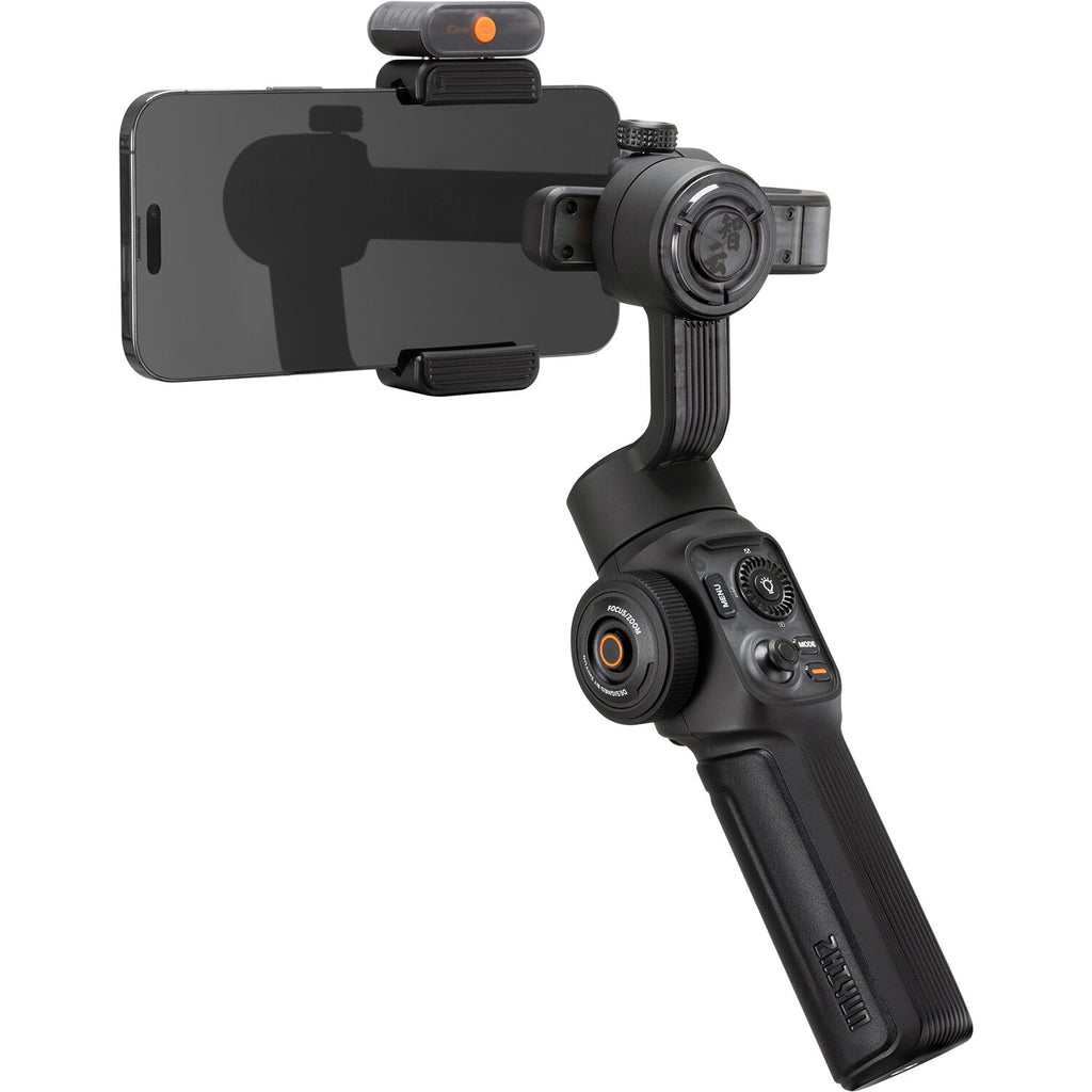 Zhiyun Smooth 5S AI handheld gimbal stabilizer for video recording, with controls and smartphone mount for smooth footage.