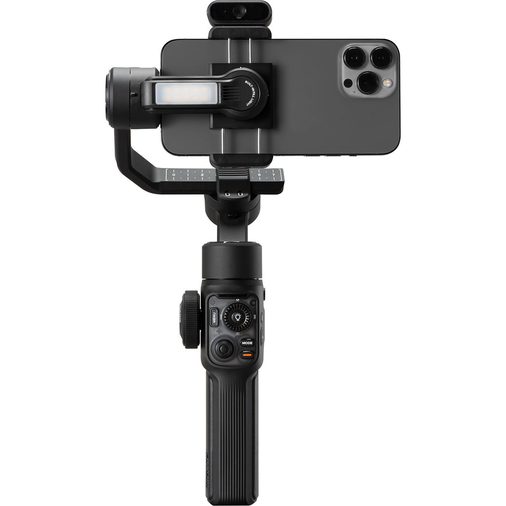 Zhiyun Smooth 5S AI Pro stabilizer and gimbal setup with smartphone mount, showing sleek design and control handles.