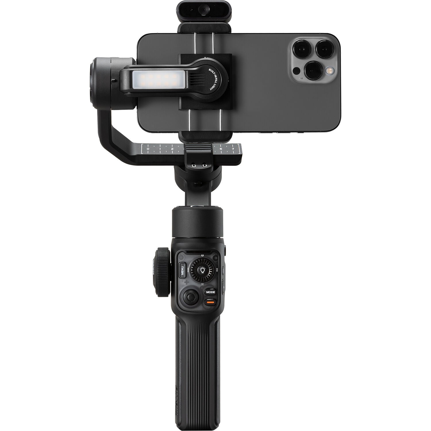 Zhiyun Smooth 5S AI Pro stabilizer and gimbal setup with smartphone mount, showing sleek design and control handles.