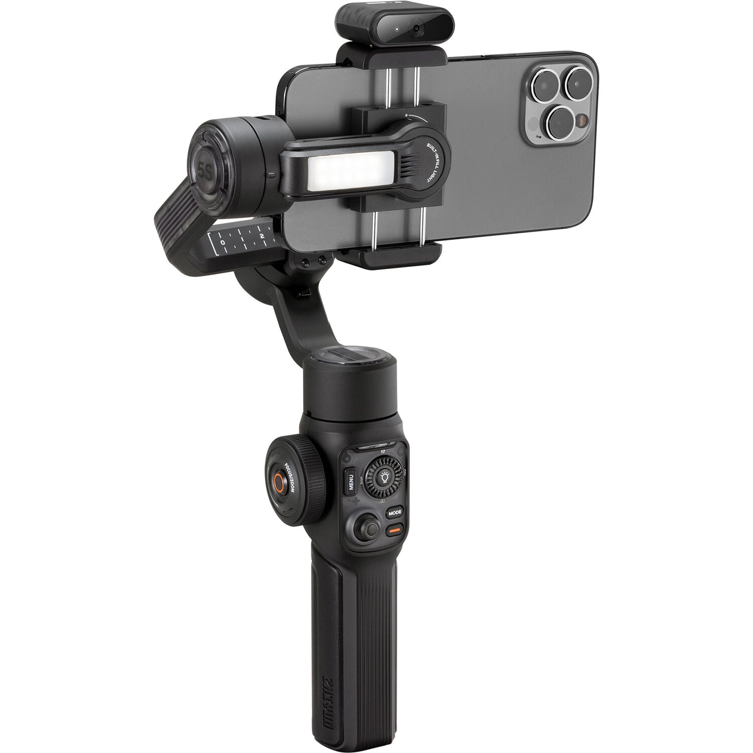 Zhiyun Smooth 5S AI Pro stabilizer and gimbal for smartphones, showing its sleek design and control features.