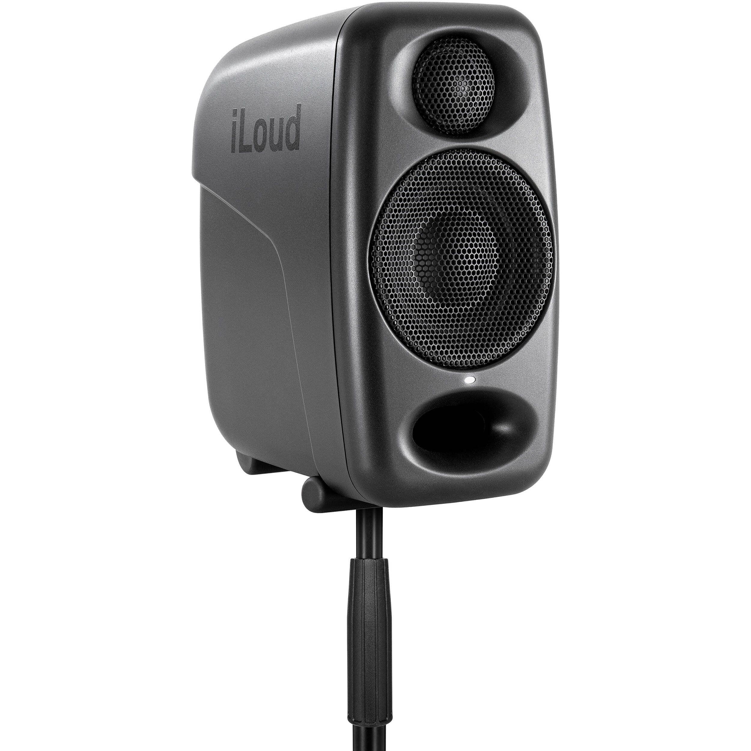 IK Multimedia iLoud Micro Monitor Pro active nearfield monitor with sleek design and input ports visible.
