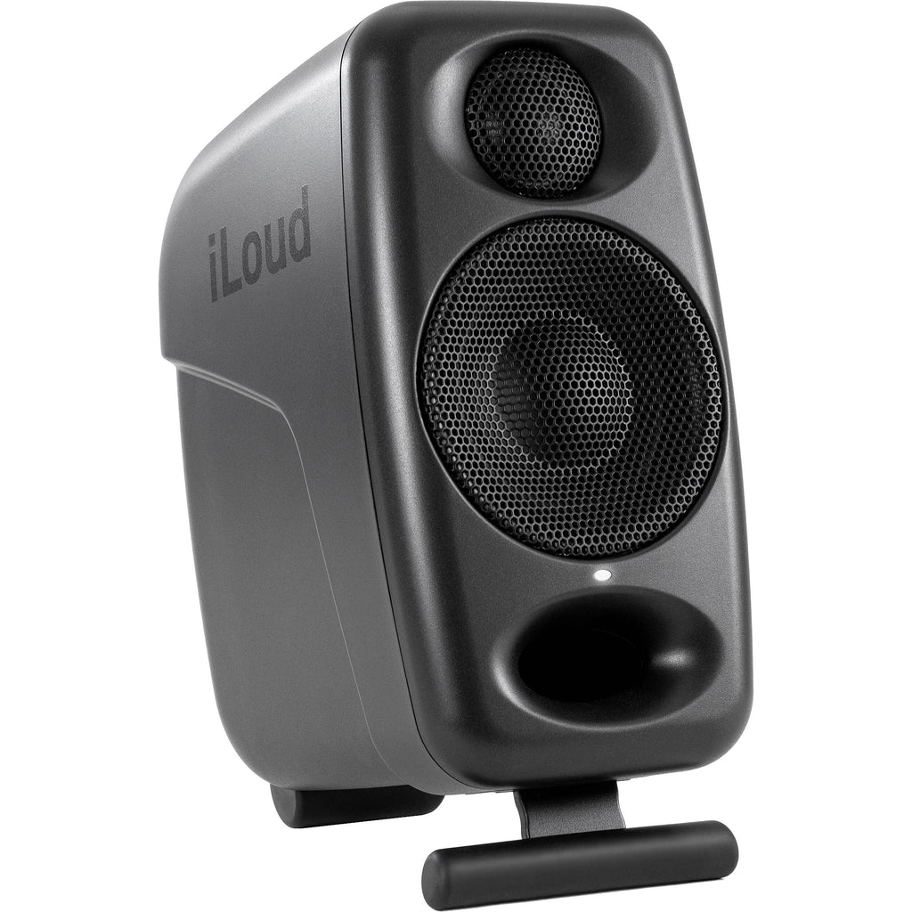 IK Multimedia iLoud Micro Monitor Pro active nearfield monitors shown with sleek black speaker cabinets and control panels.