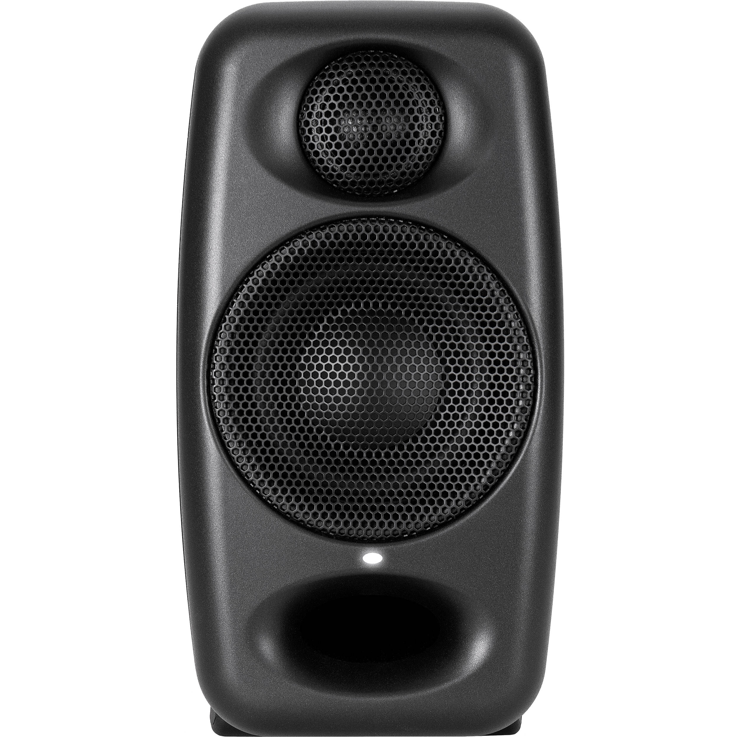 IK Multimedia iLoud Micro Monitor Pro active nearfield studio monitors shown in a professional audio setup.
