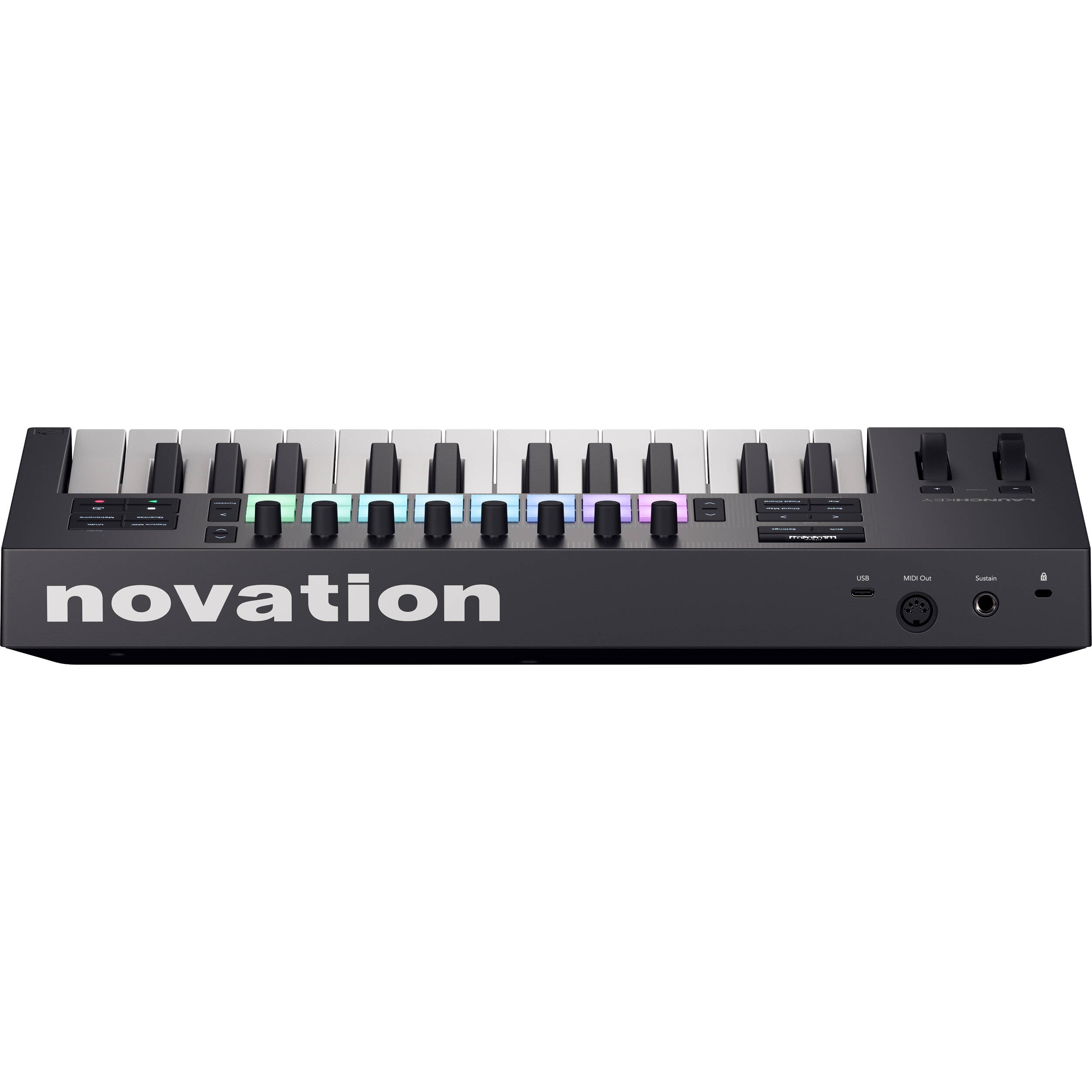 Novation Launchkey 25 MK4 MIDI keyboard with 25 keys, control knobs, and pads for music production.