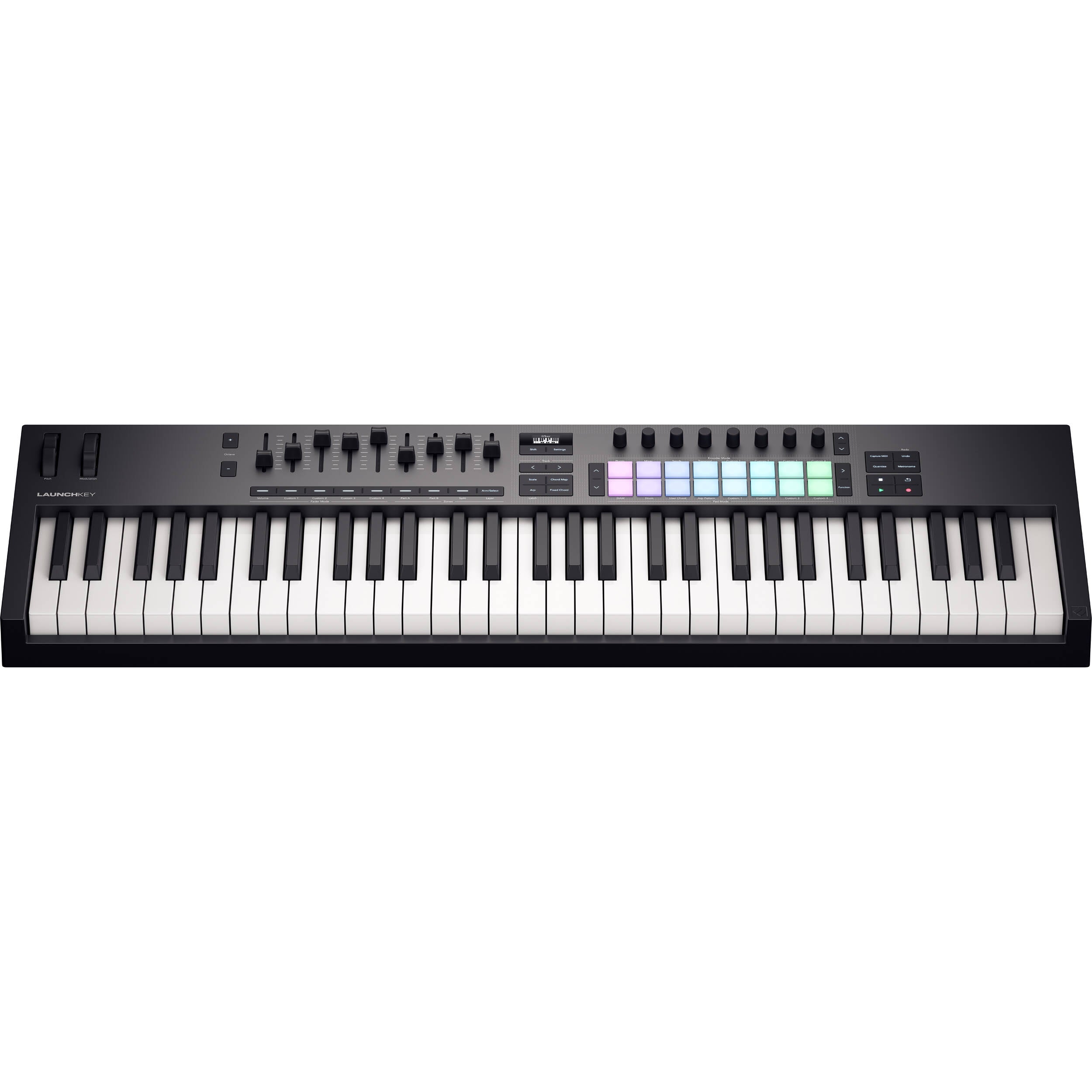 Novation Launchkey 61 MK4 midi keyboard with 61 keys and control knobs, designed for music production and live performance.