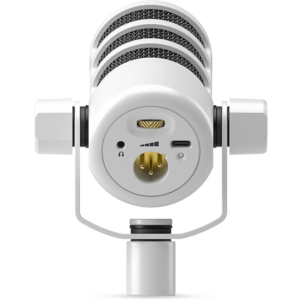 Rode PodMic USB microphone with built-in stand and cable, designed for podcasting and streaming on a clean desk setup.